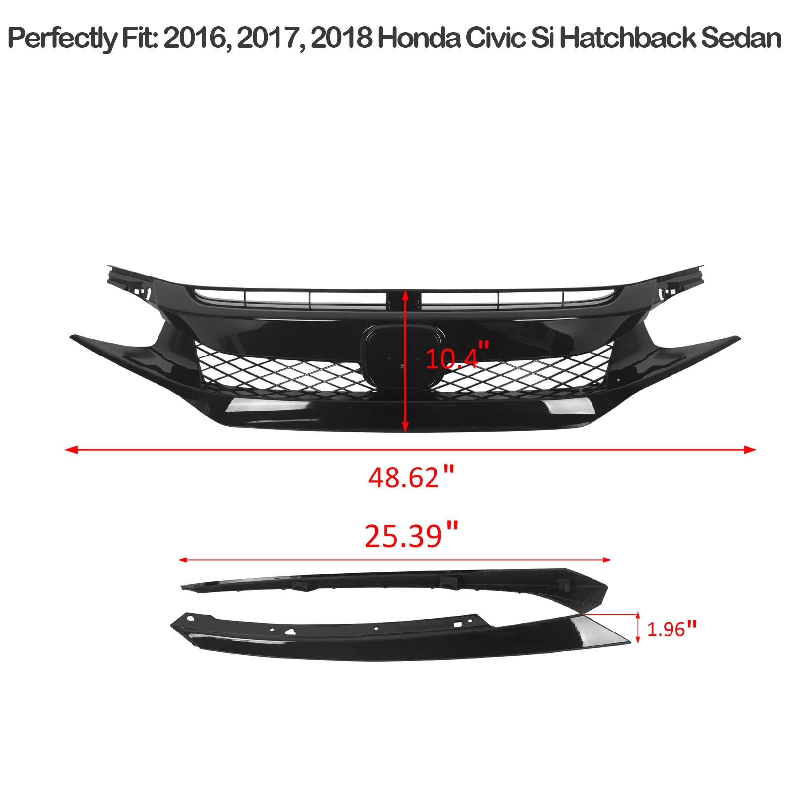 Type-R Style Front Bumper Grille & Hood Mesh Grill for 2016-2018 Honda Civic Si Hatchback/Sedan - Eyebrows Included | Aggressive Look Upgrade | Street Racing & Car Show Accessory