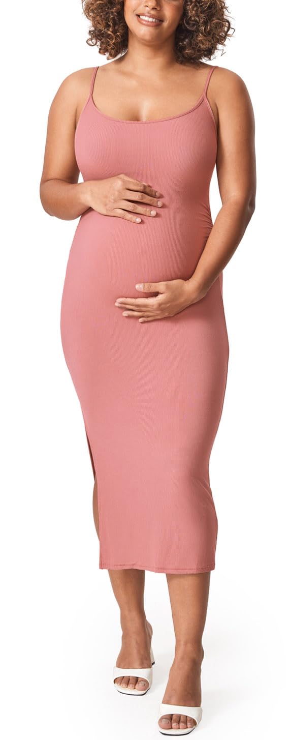 MOMANDA Women's Maternity Dress - Ribbed Spaghetti Strap Bodycon Pregnancy Dress with Square Neck | Comfortable & Stretchy for Baby Showers, Maternity Photos, and Everyday Wear