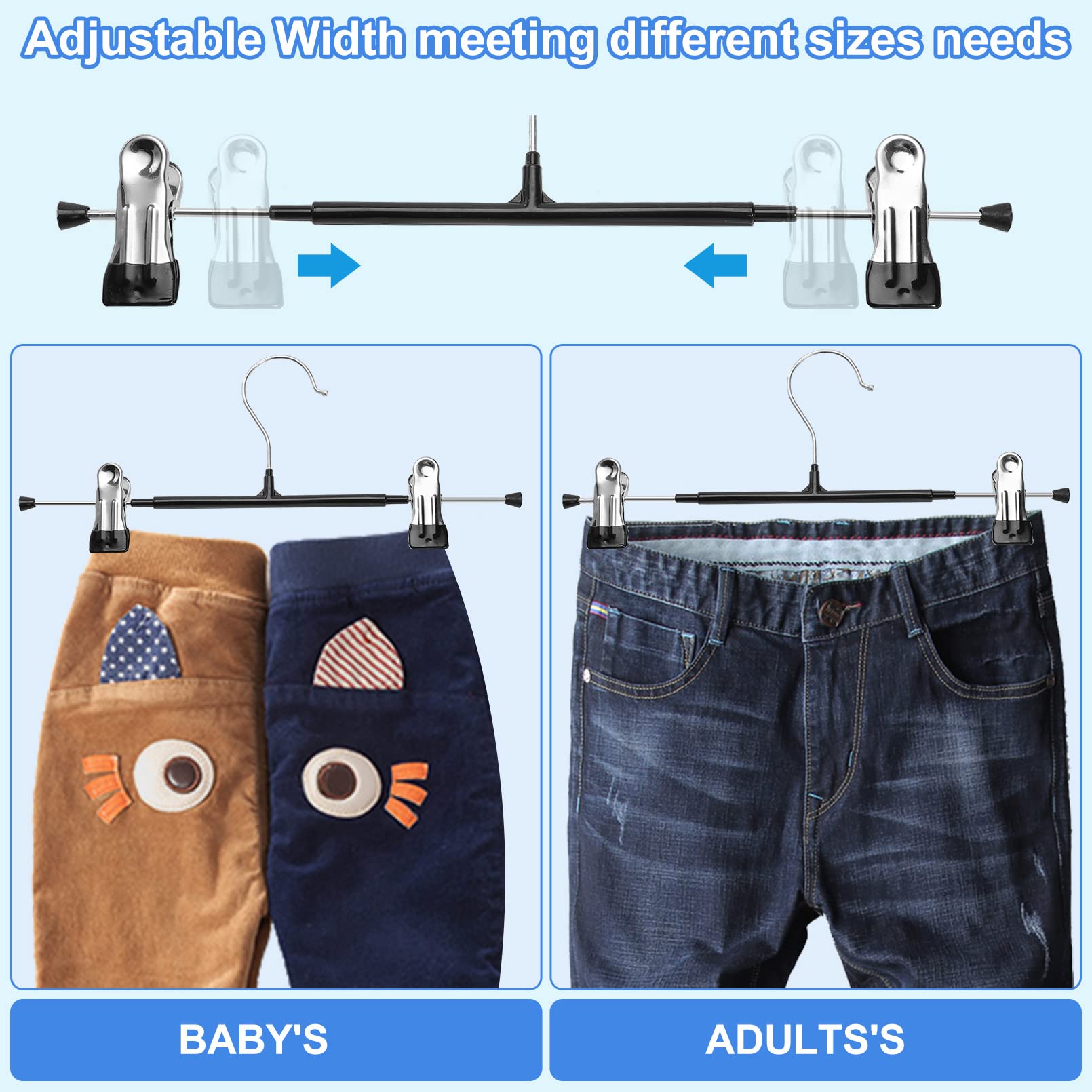 20 Pack Heavy Duty Pants Hangers with Adjustable Clips - Space Saving Rubber Coated Metal Skirt Hangers for Jeans, Trousers, Kids & Baby Clothes - Perfect for Closet Organization & Wardrobe Storage