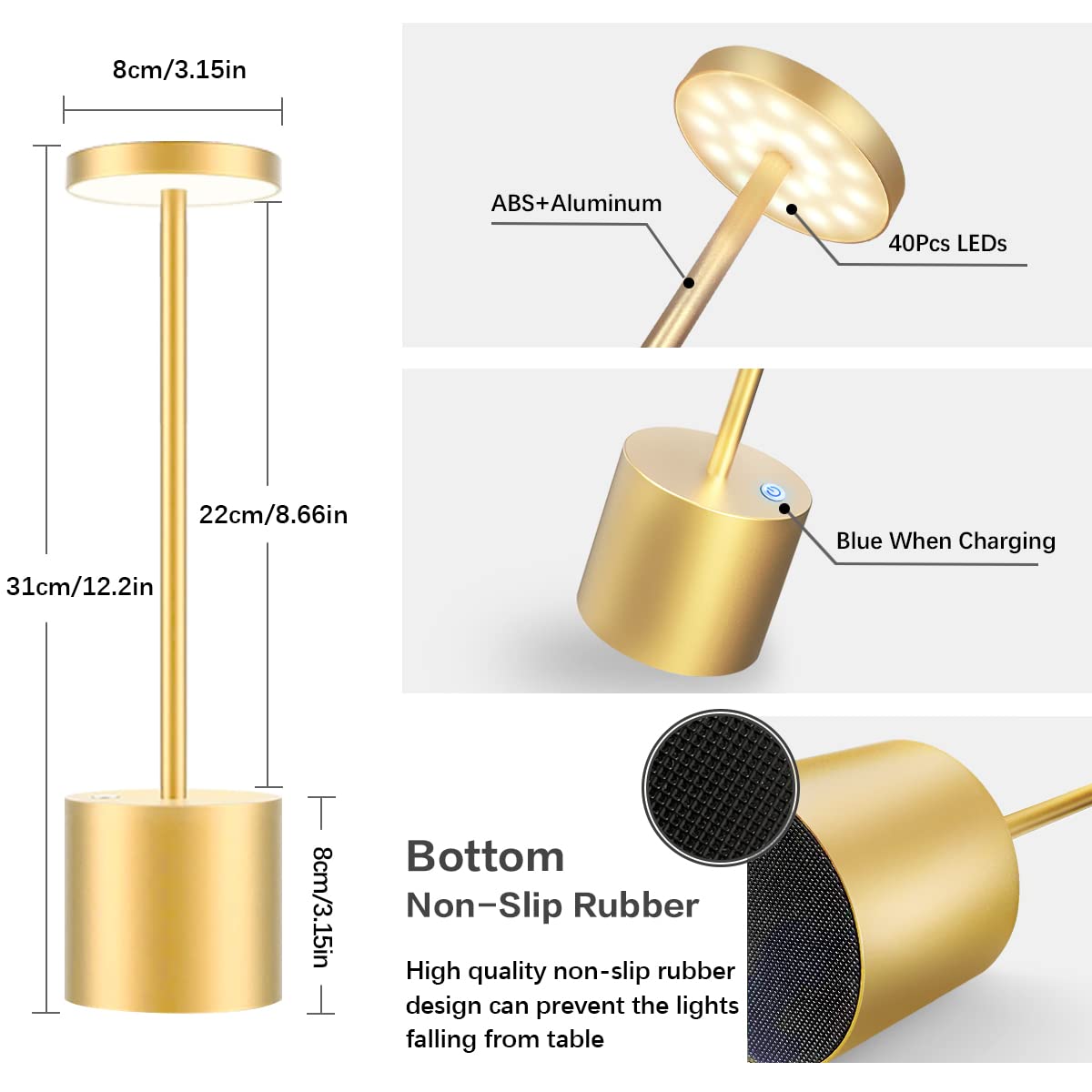 Hapfish Cordless LED Table Lamp Set of 2 - 5000mAh Rechargeable Battery Operated Desk Lamps, Dimmable Table Light for Home Office, Restaurant, Dining Room & Outdoor Use (Gold) | Perfect for Reading, Working & Ambient Lighting