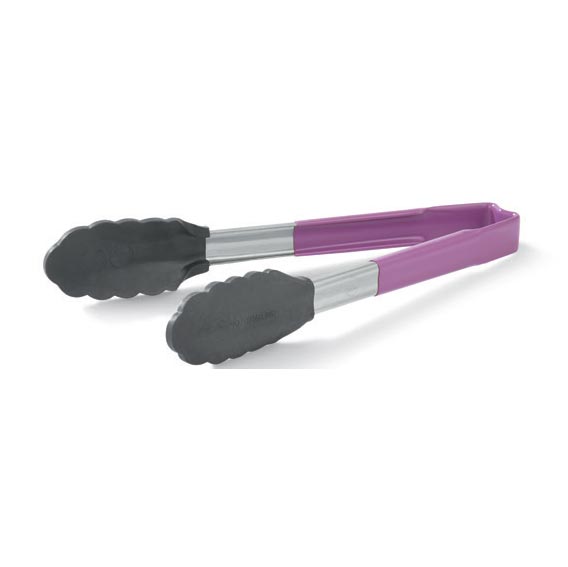 Vollrath 9.5-Inch Stainless Steel Utility Tongs with Non-Slip Purple Handle - Perfect for Grilling, Serving, and Kitchen Cooking