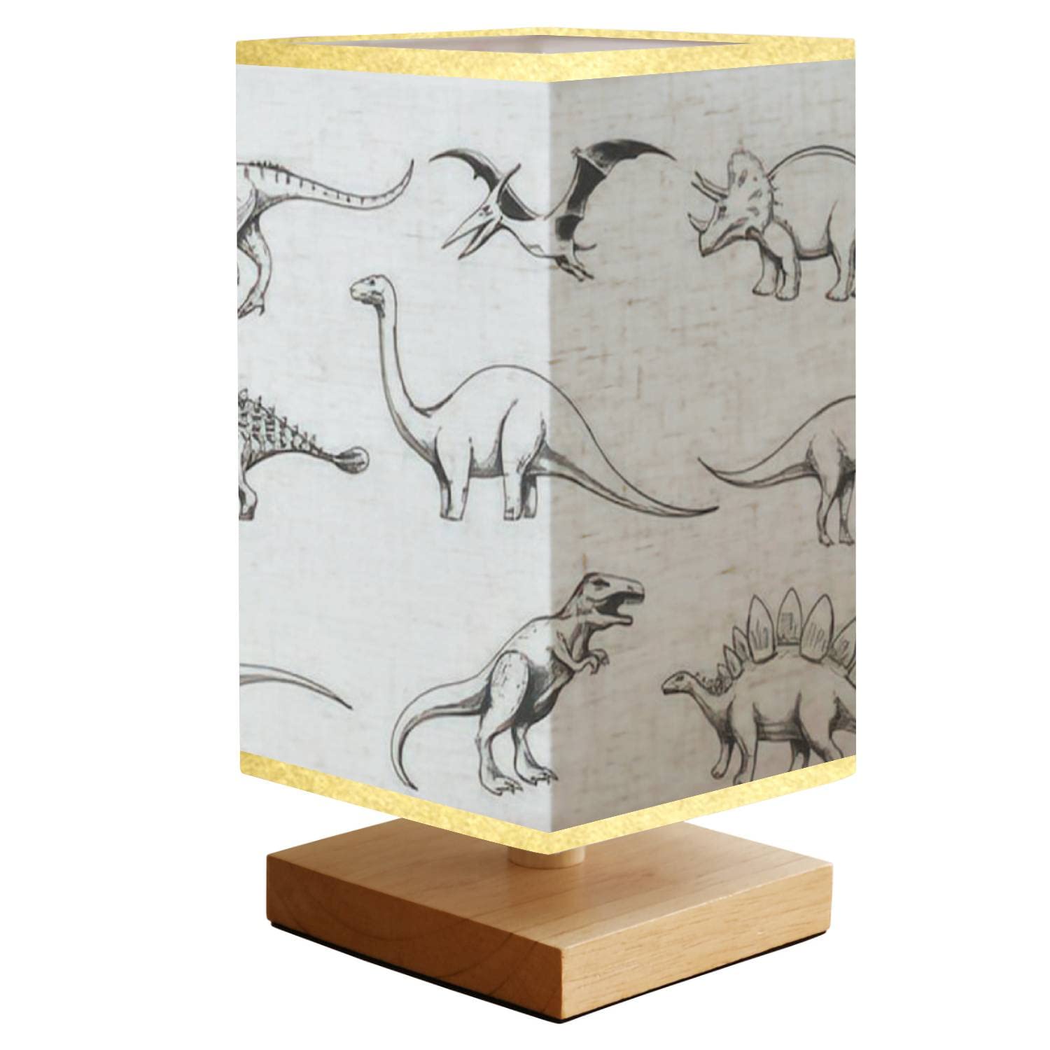 Dinosaur LED Nightstand Lamp - Square Wooden Base with Fabric Shade, Bedside Table Light for Bedroom, Kids Room & College Dorm - Perfect for Reading, Nursery Decor and Cozy Bedtime Lighting