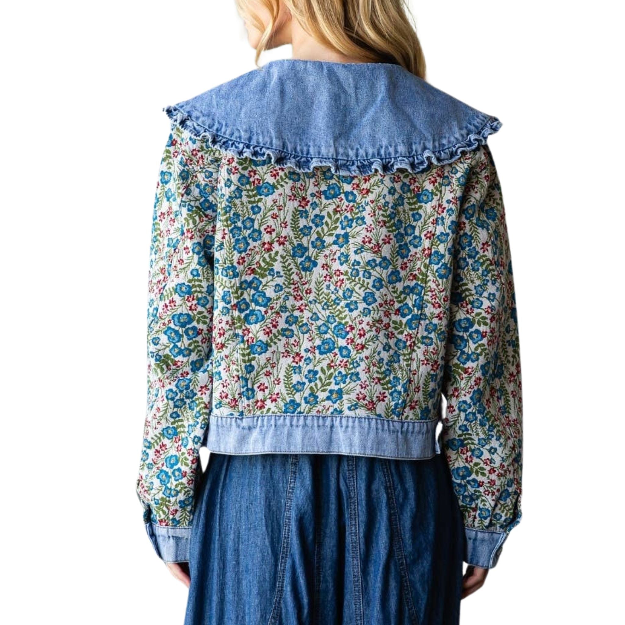 Vintage Jacquard Ruffle Collar Denim Jacket for Women - Retro Fashion Denim Coat with Embroidered Details - Perfect for Casual Outfits, Date Nights & Fall Layering