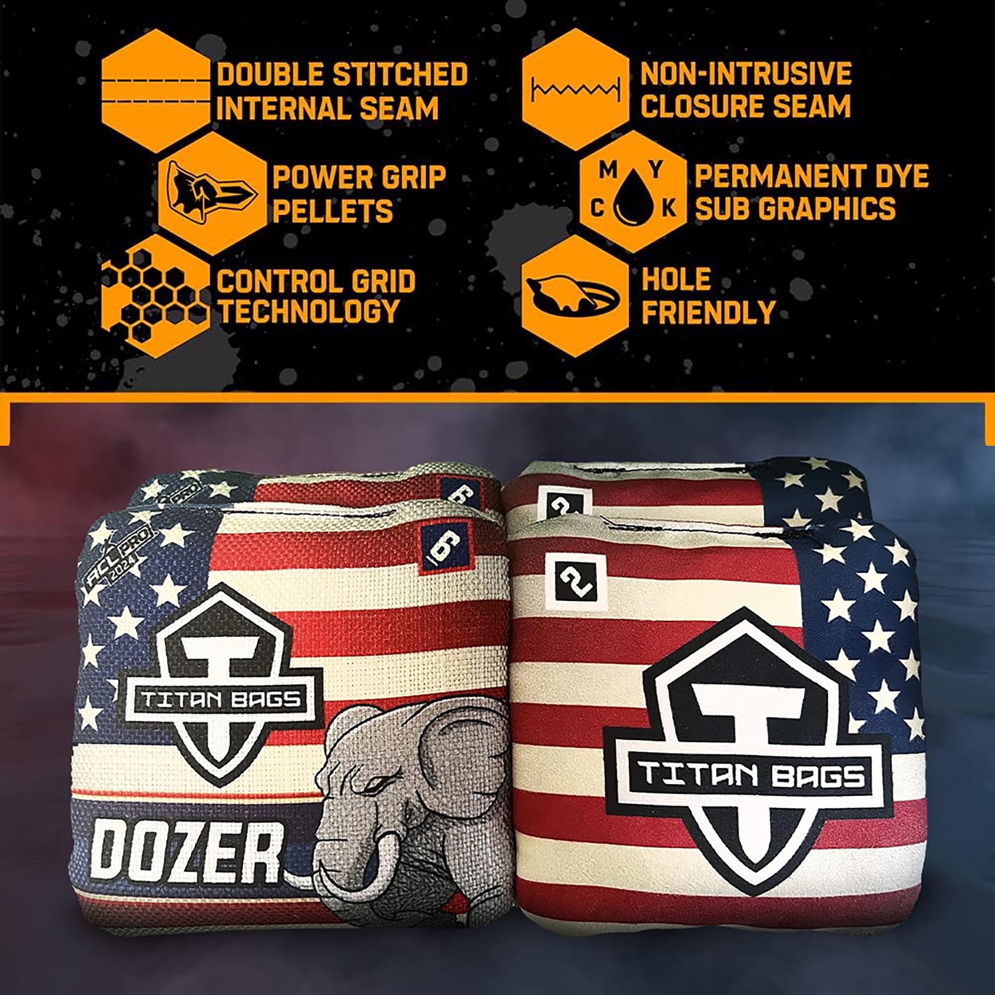 ACL PRO Approved Titan Bags Dozer Cornhole Bags - 6x6 Inch Professional Tournament Bean Bags Set of 4 | Durable & All-Weather for Indoor/Outdoor Cornhole Games, Backyard Parties, Tailgating & Picnics