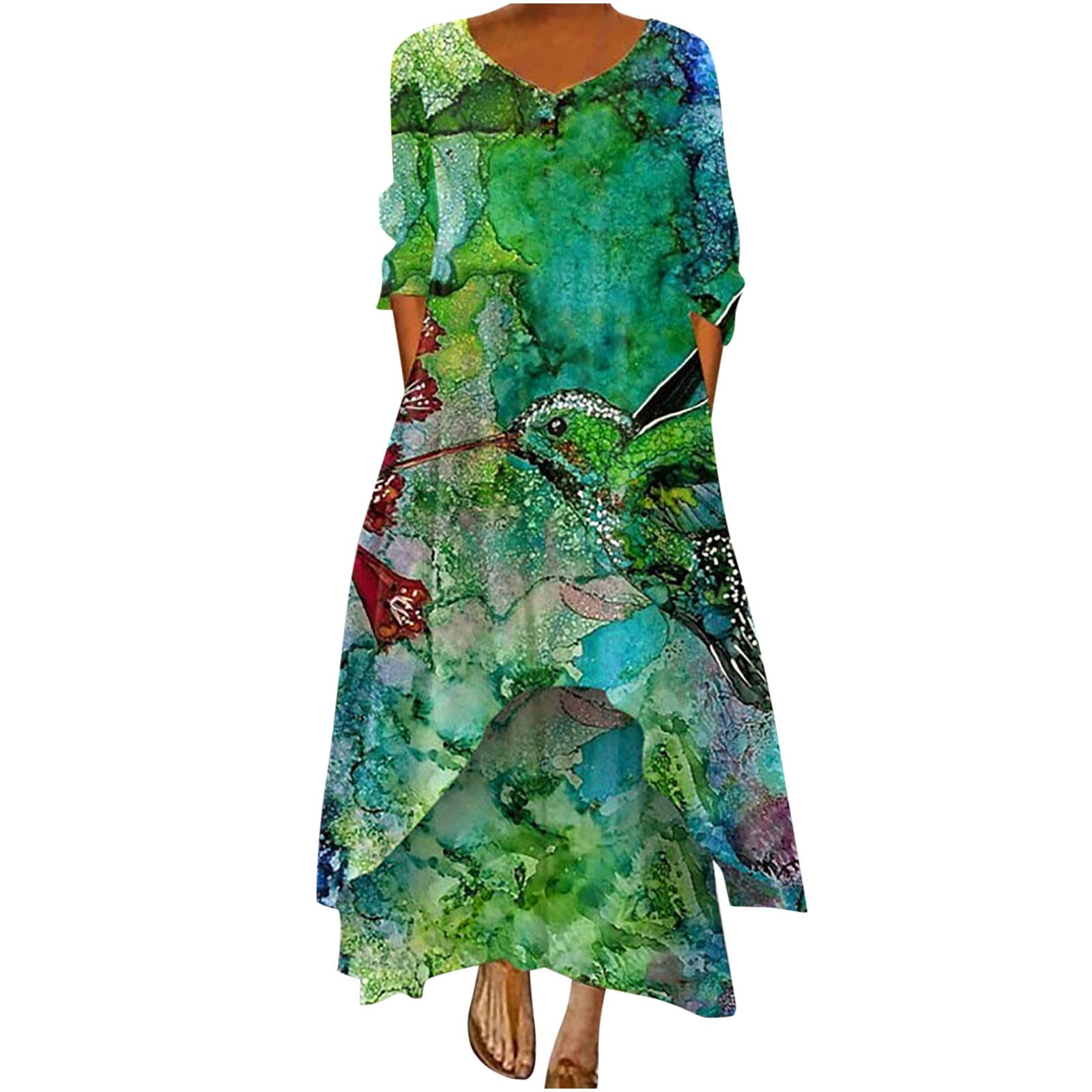 Women's Floral Print Loose Midi Dress - Round Neck Long Sleeve Casual Button Up Summer Dress for Beach, Vacation & Everyday Wear
