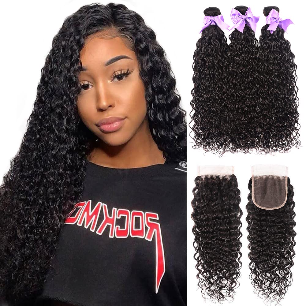 Brazilian Virgin Human Hair Bundles with Closure - 24 26 28+20 Inch Water Wave Wet & Wavy Ocean Curly Hair Extensions (Natural Color) for Styling, Volume & Length | Perfect for Daily Wear, Parties & Special Occasions