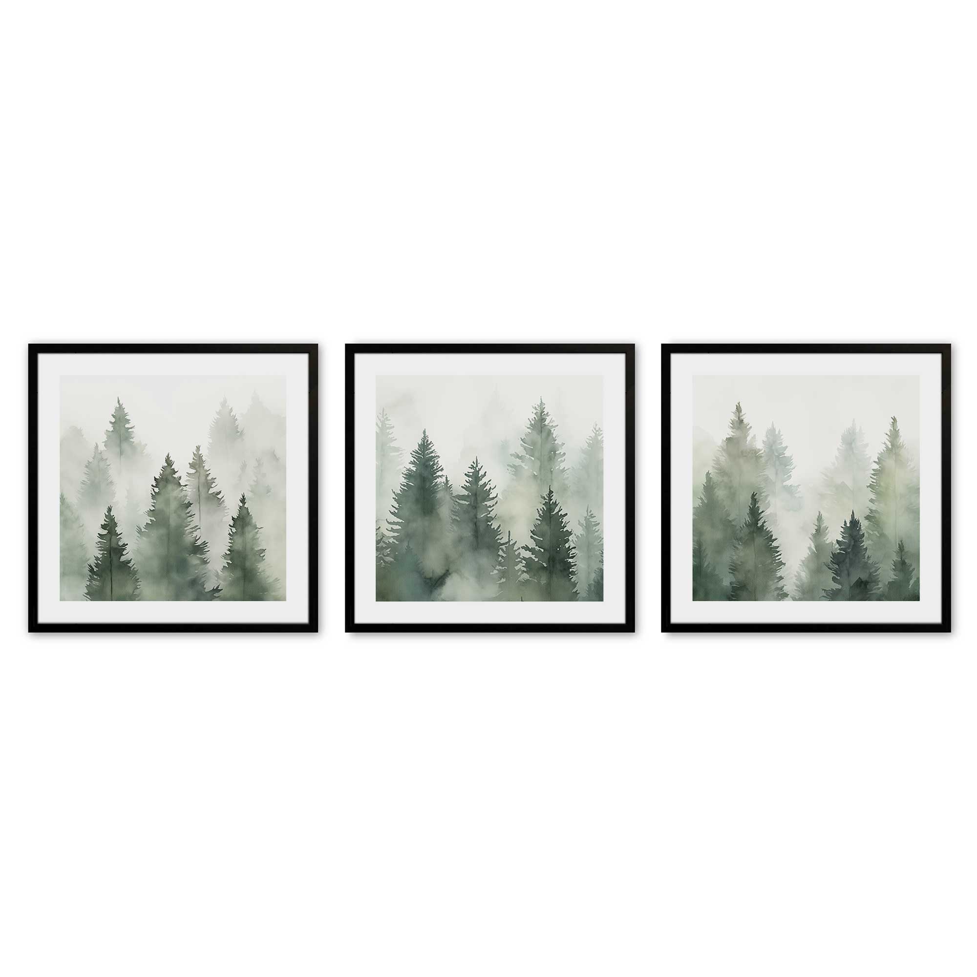 Green Haze Woodland Wall Art - Set of 3 Framed Nature Prints for Living Room, Bedroom & Office Decor | Forest Landscape Paintings | Ready to Hang Home Decoration