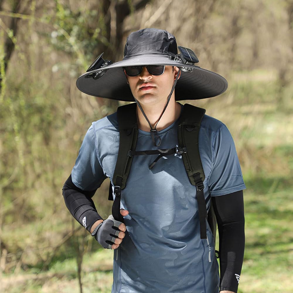 Solar-Powered Wide Brim Fishing Hat with Built-in Fan - UPF 50+ Sun Protection for Men - Ideal for Outdoor Activities, Fishing, Hiking & Beach