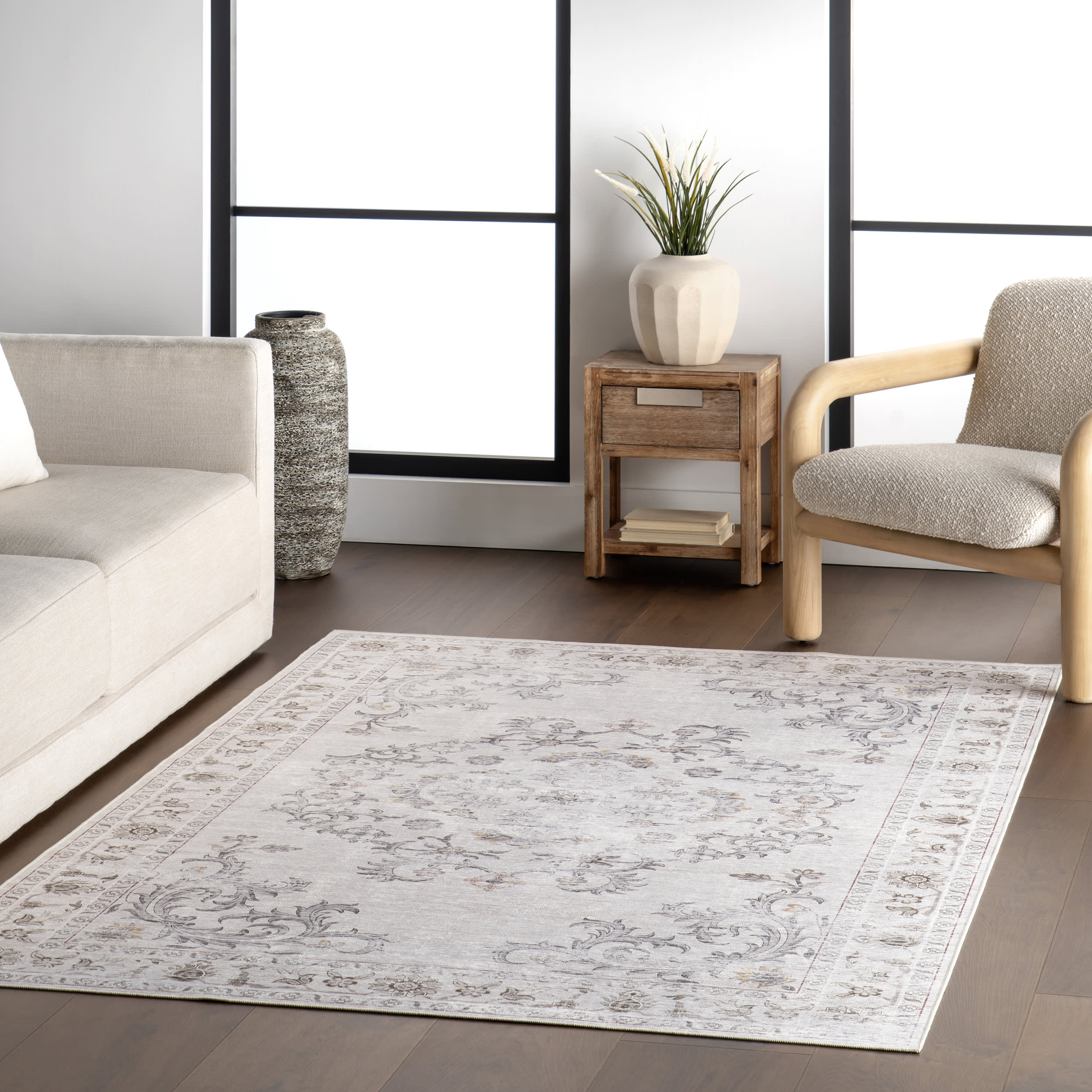 Amalea Medallion Spill Proof Washable Rug - Non-Slip Beige Area Rug for Living Room, Bedroom, Kitchen | Waterproof & Stain Resistant Floor Mat for Home Decor
