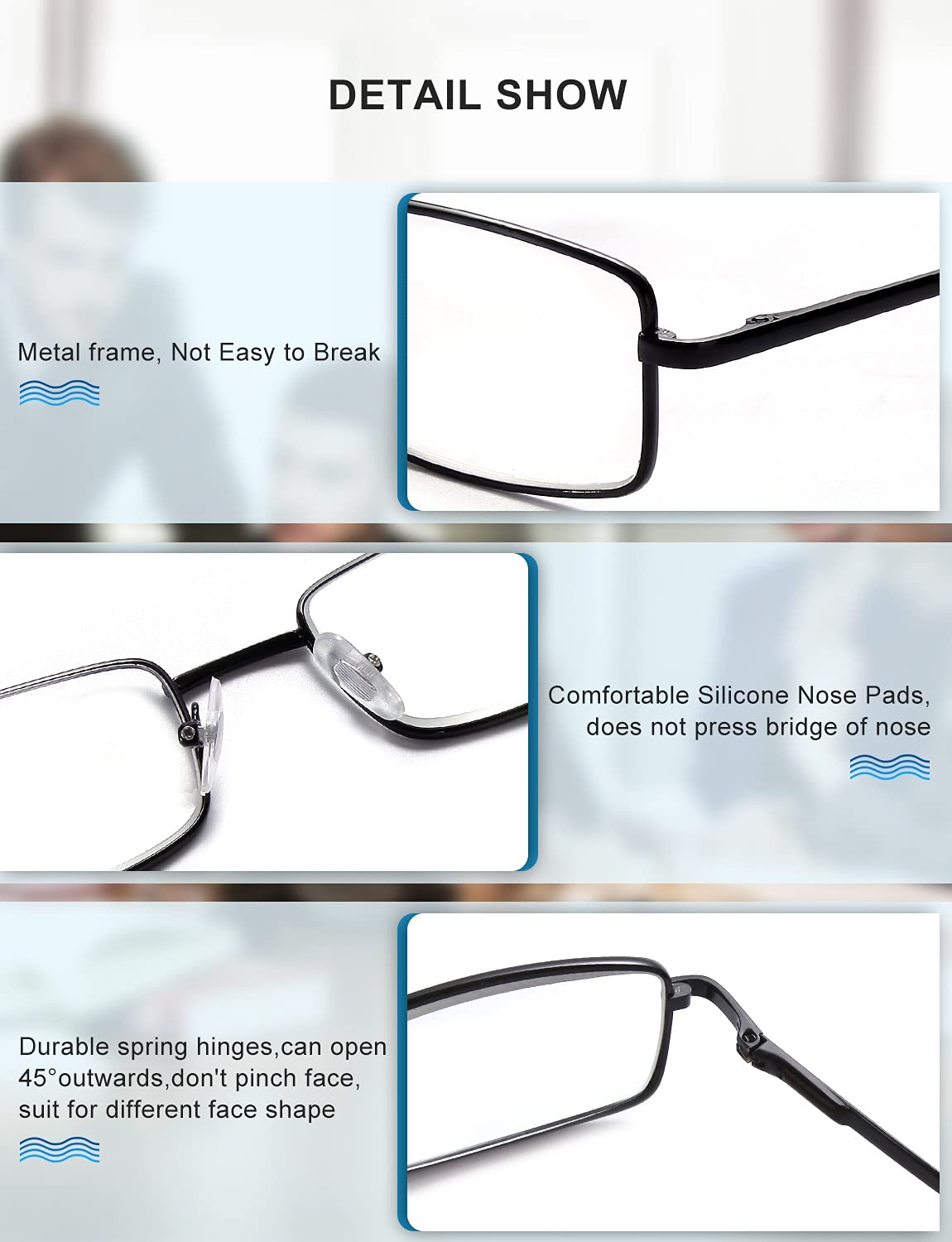 OKH Blue Light Blocking Reading Glasses - 3 Pack Metal Frame for Men - Perfect for Office & Screen Use
