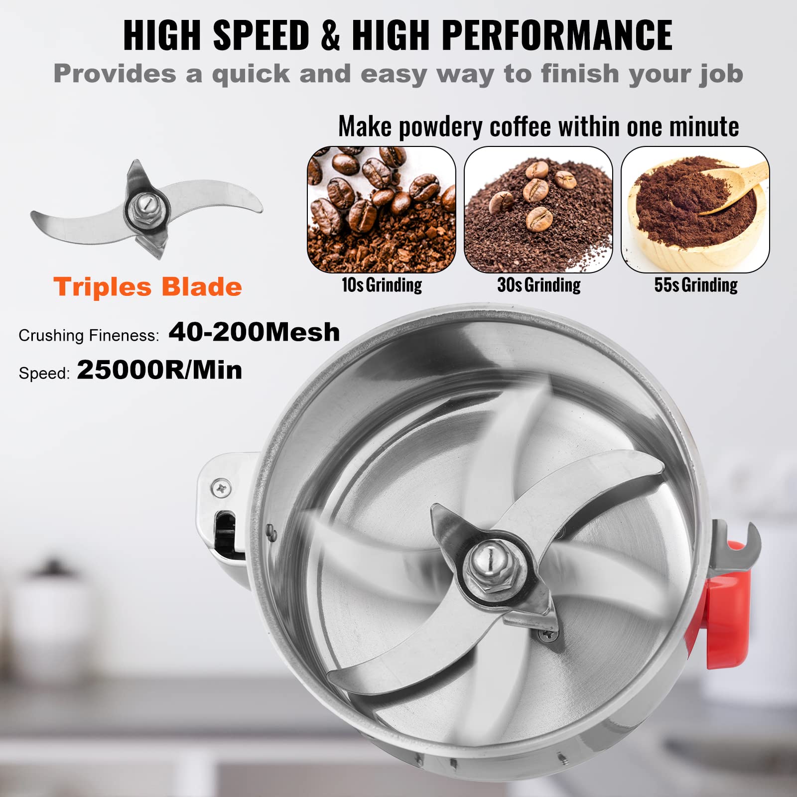 VEVOR 150g Commercial Electric Grain Grinder - 1050W High-Speed Stainless Steel Mill for Coffee, Corn, Pepper & Dry Cereals | Perfect for Home Kitchens, Bakeries & Coffee Shops
