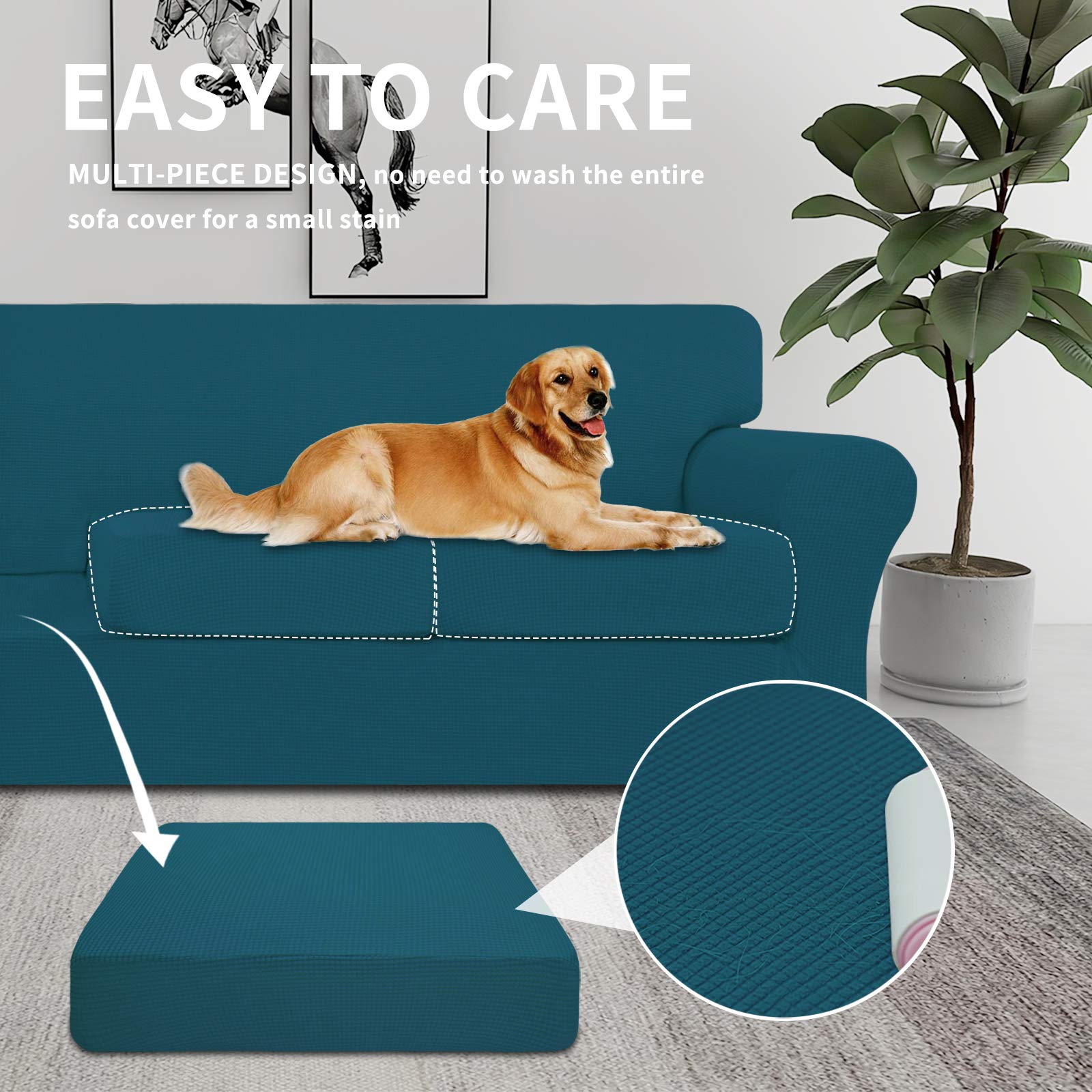 Stretch Sofa Cover for Dogs - 3 Piece Washable Pet-Friendly Couch Slipcover, Spandex Jacquard Fabric Elastic Furniture Protector for 2 Cushion Loveseat (Peacock Blue) - Perfect for Pet Owners & Living Room Protection