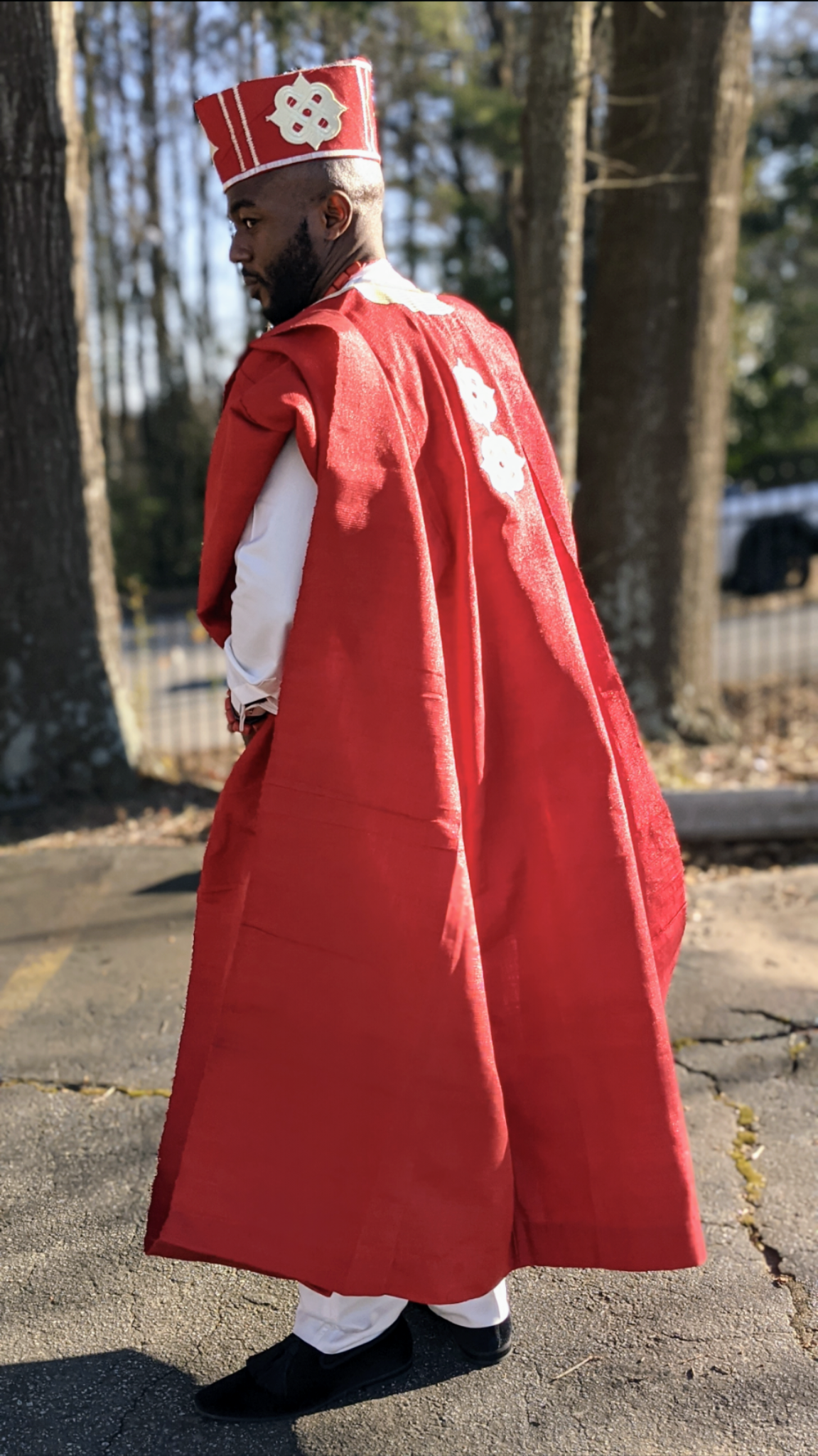 Awoniyi Red Beige Aso Oke Grandboubou Agbada Robe DPAW911 | African Traditional Attire for Men | Perfect for Weddings, Parties & Cultural Events