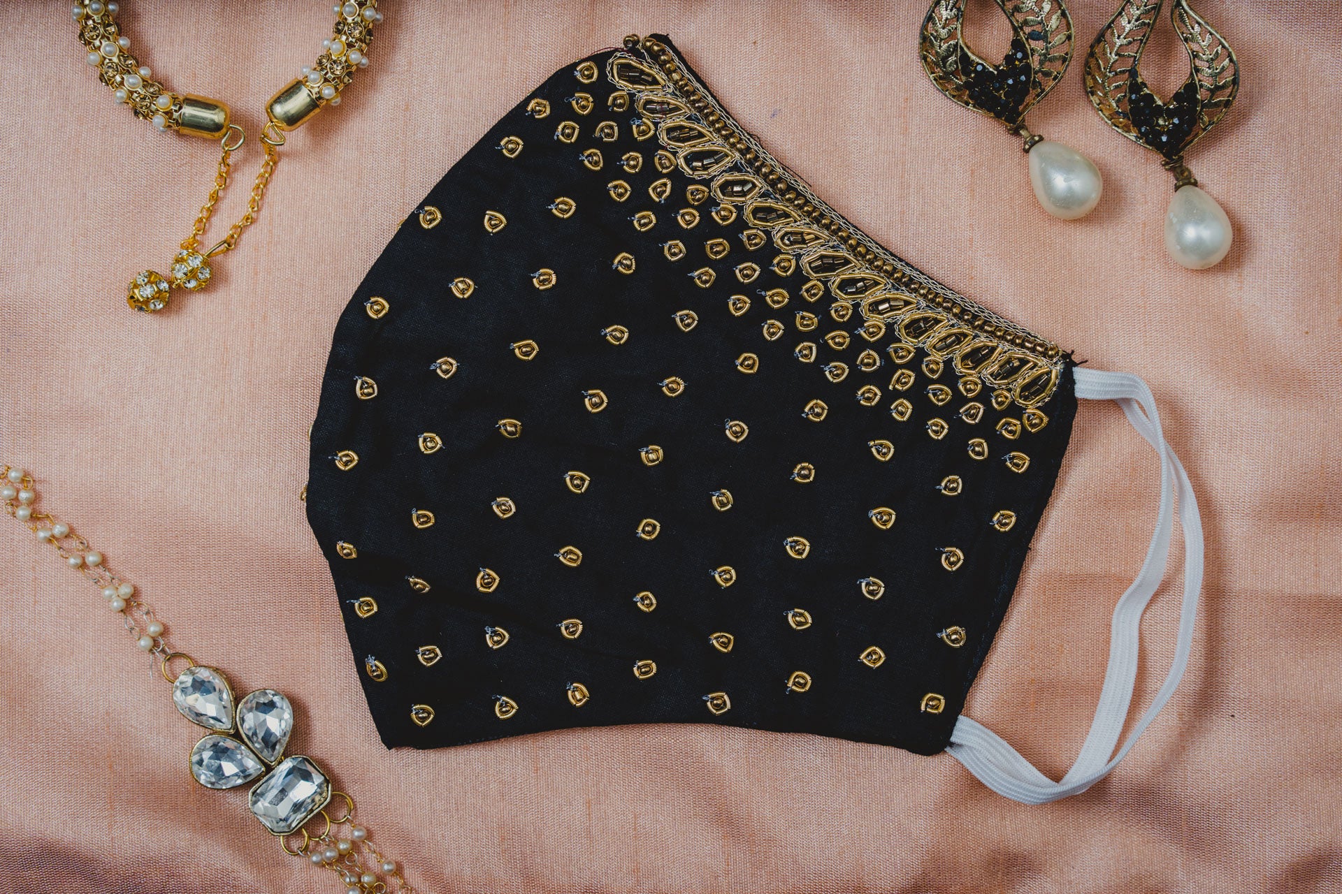 Hand Embroidered Black Cotton Face Mask with Golden Thread - Breathable & Comfortable for Daily Wear, Travel, and Special Occasions