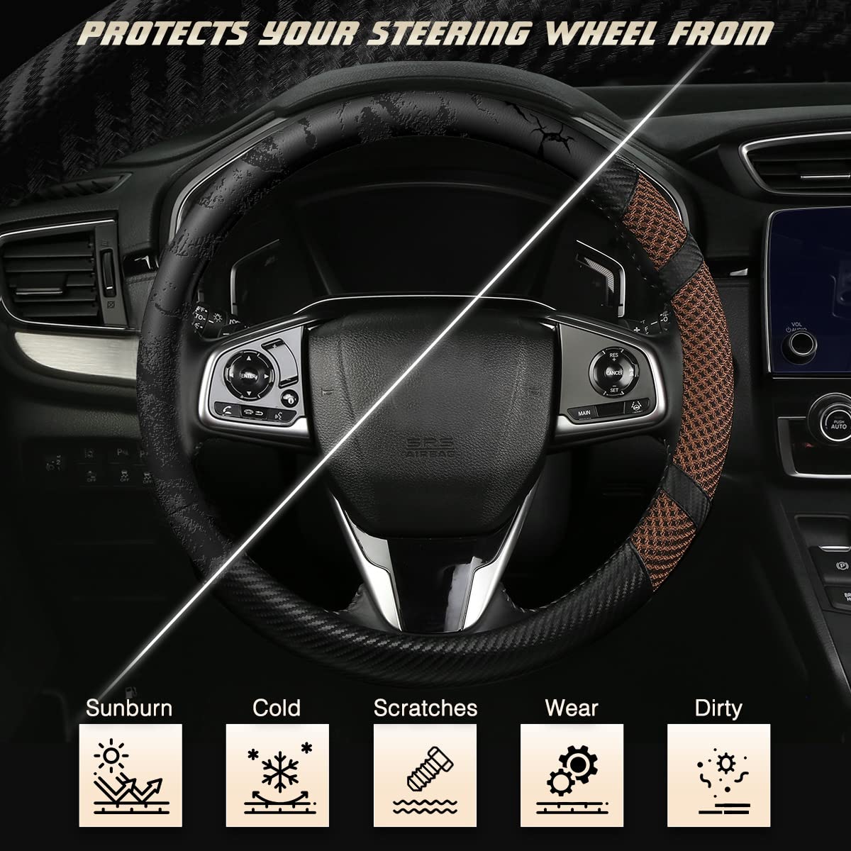 BOKIN 14.5-15 Inch Universal Carbon Fiber Steering Wheel Cover - Breathable Microfiber Leather Car Accessory for Summer Cooling & Winter Warmth (Brown) - Perfect for Daily Commuting, Road Trips & Enhanced Driving Comfort