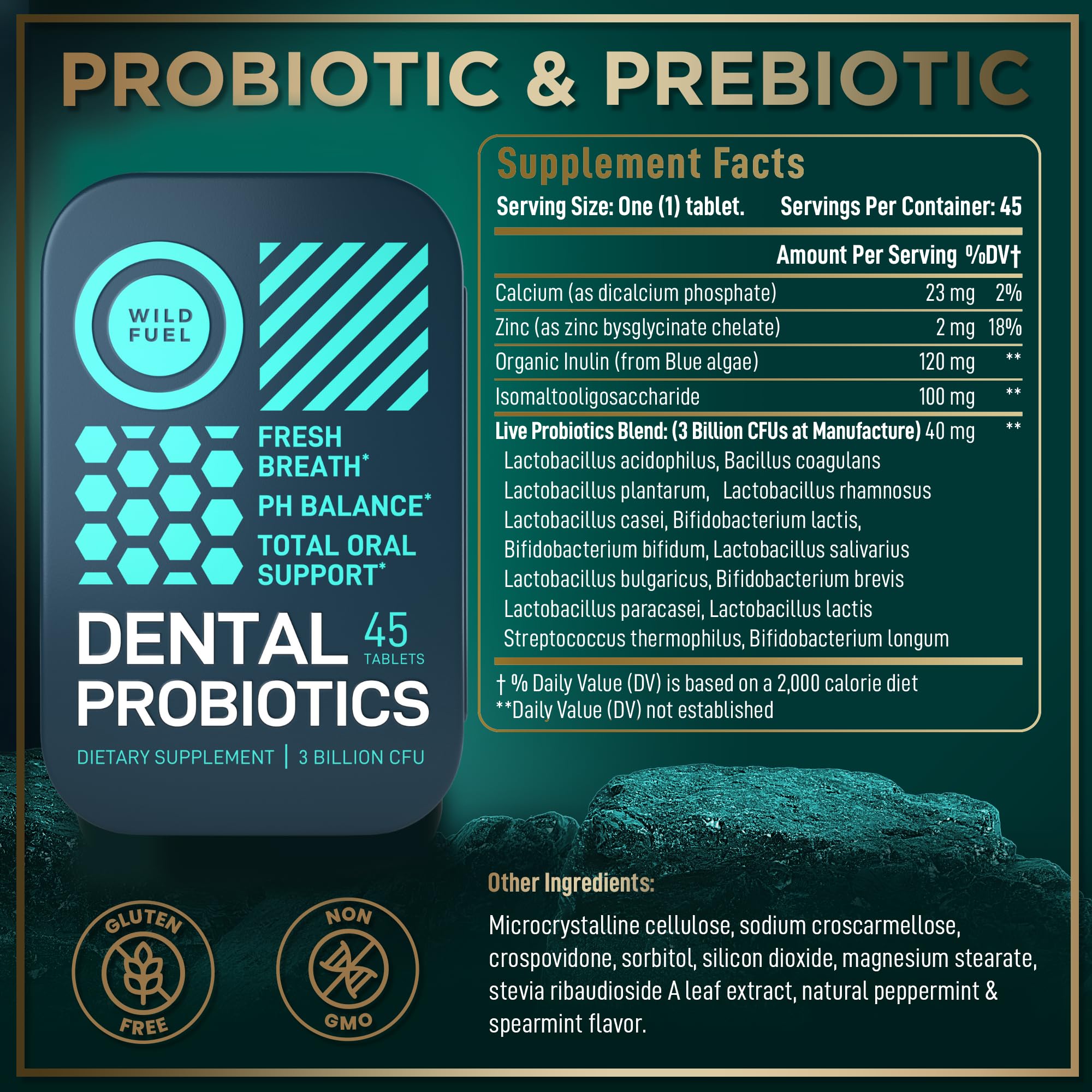 Dental Probiotics for Teeth & Gums - 3 Billion CFU Lactobacillus Salivarius Acidophilus Oral Supplement | Bad Breath Treatment for Adults | 45 Mint Tablets in Travel Tin for Fresh Breath & Oral Health | Perfect for Travel, Work & Daily Use