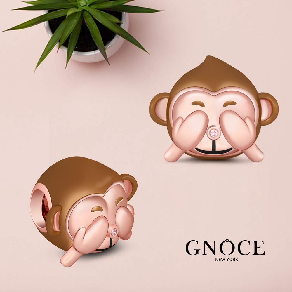 GNOCE 925 Sterling Silver Monkey Charm Bead - See No Evil Monkey Pendant with Pink Nose for Bracelet & Necklace | Champagne Plated Jewelry Gift for Women | Perfect for Birthdays, Anniversaries & Everyday Wear