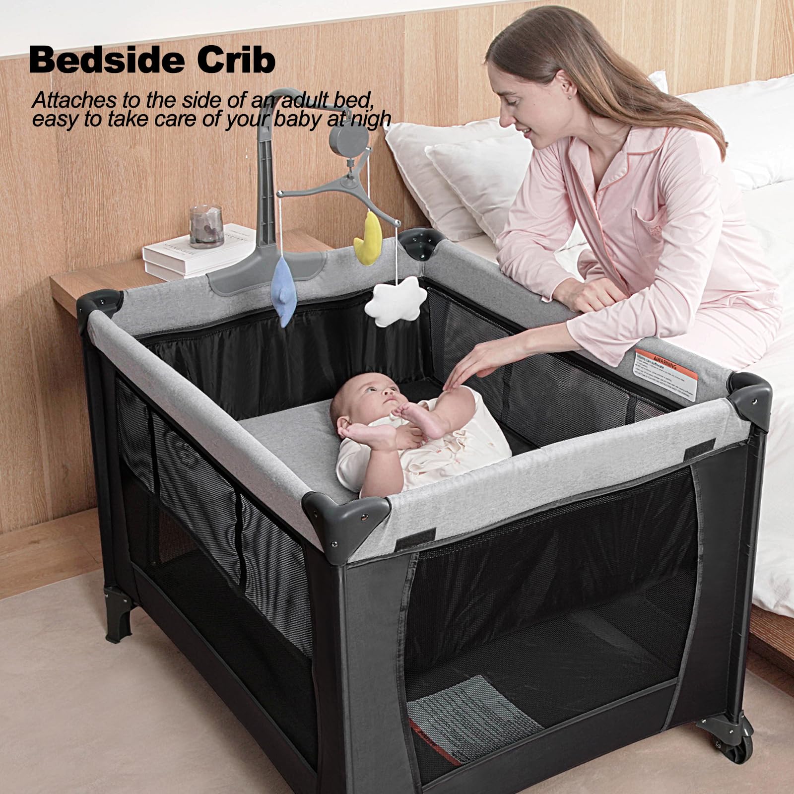 Portable Baby Bassinet Bedside Sleeper with Diaper Changer - Foldable Playard & Travel Playpen - Lightweight Pack and Play Crib with Carry Bag for Nursery, Travel & On-the-Go Parenting