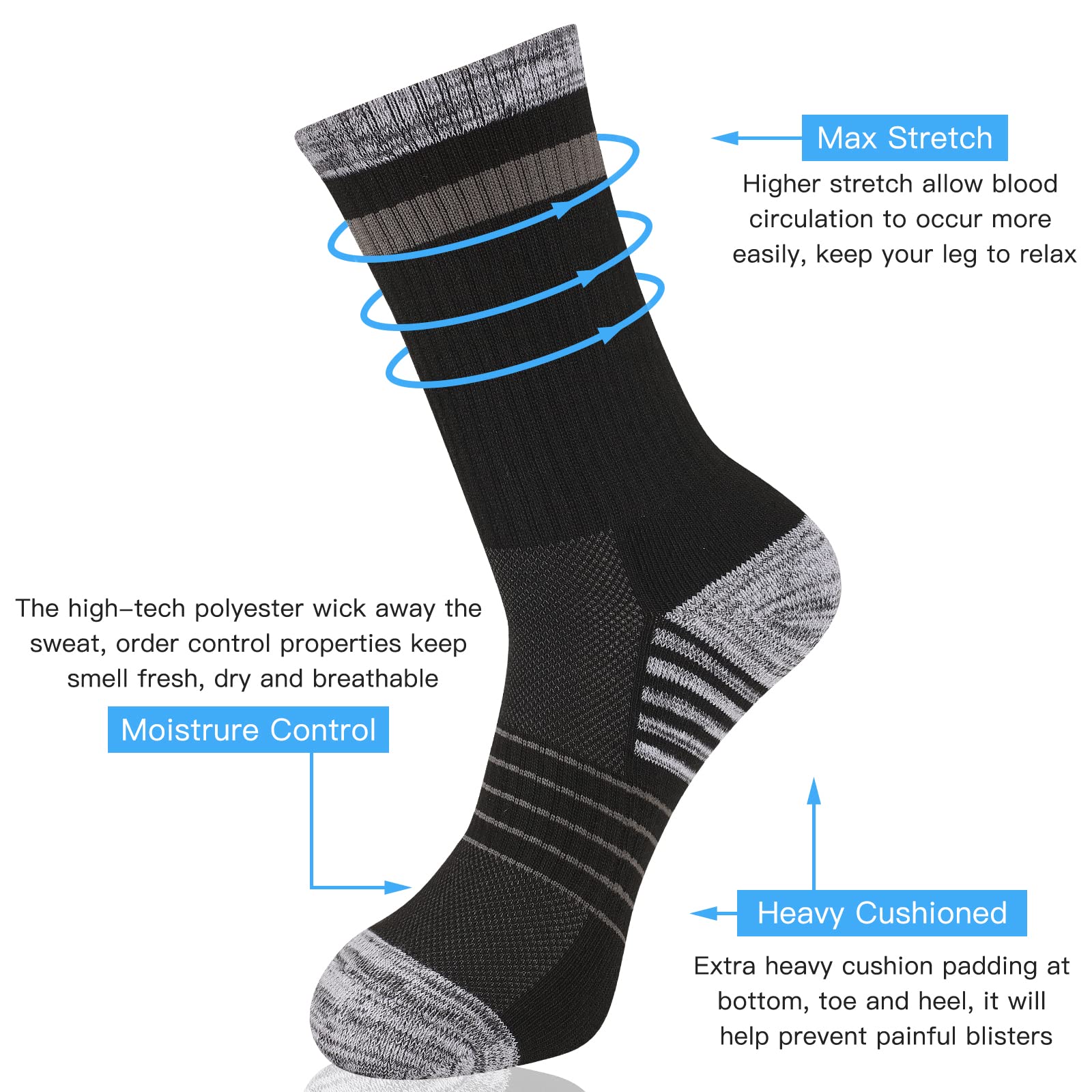 COOVAN Men's Hiking Socks 5-Pack - Moisture Wicking Cushioned Athletic Boot Socks for Outdoor Activities & Trekking - Perfect for Hiking, Camping and Sports