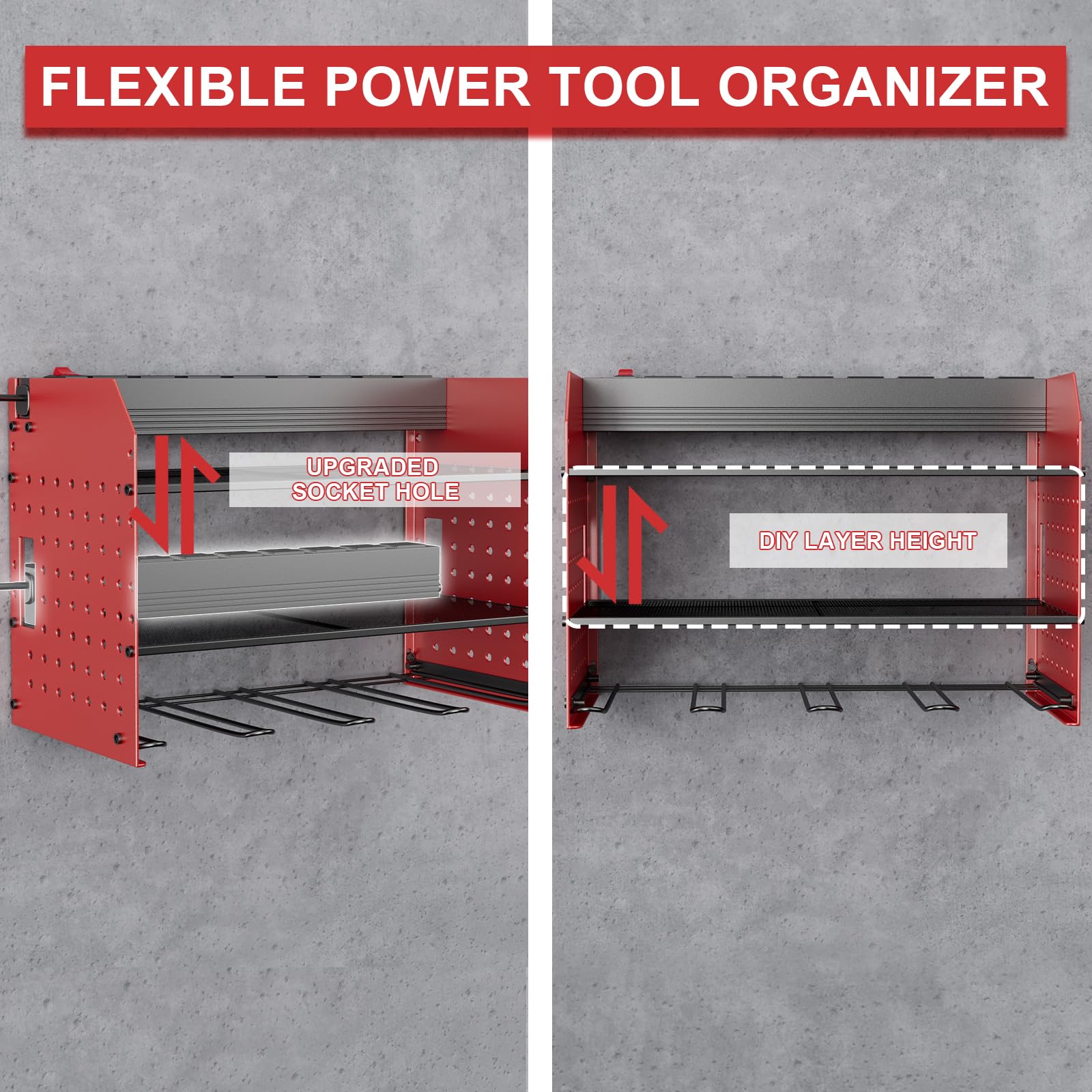 Heavy Duty Power Tool Organizer with Charging Station - 6 Drill Holder Wall Mount & 3 Layer Garage Tool Organizer with Hooks - Screwdriver & Drill Bit Rack - Durable Utility Shelf for Garage Workshop - Perfect Gift for Men & DIY Enthusiasts - Ideal for Home Garage, Workshop & Tool Storage Organization