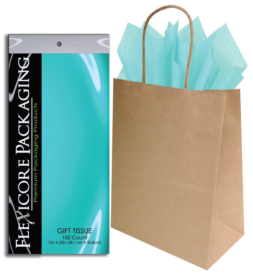 Eco-Friendly Kraft Paper Gift Bags & Aqua Blue Tissue Wrap - 8