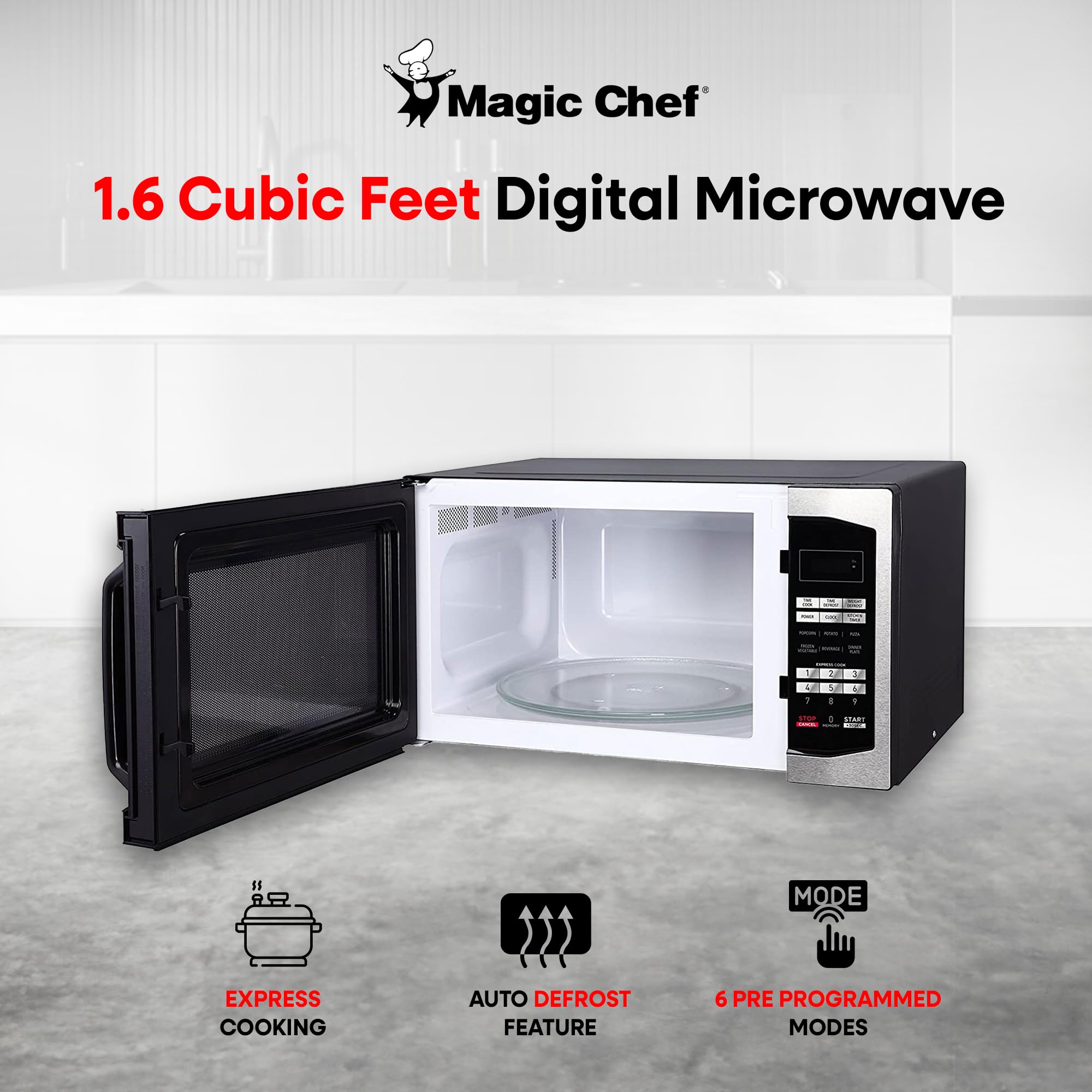 Magic Chef Countertop Microwave Oven - 1100W, 1.6 Cu Ft, Compact & Space-Saving Design, Stainless Steel - Perfect for Small Kitchens, Dorms, Offices & RVs