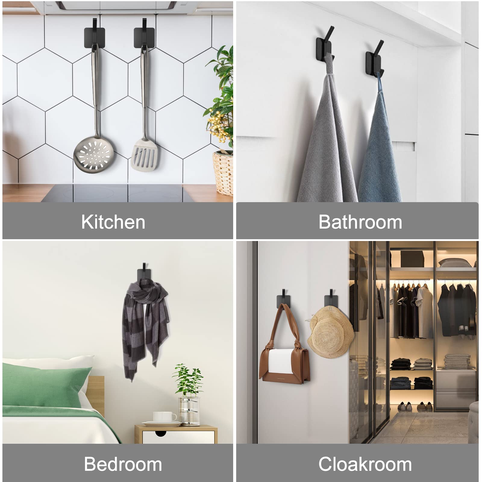 12 Pack Heavy Duty Adhesive Wall Hooks - Waterproof Aluminum Sticky Hooks for Bathroom, Bedroom, Kitchen, Office - Holds Towels, Robes, Coats, Keys & Handbags - Perfect for Home, Hallway & Entrance Organization