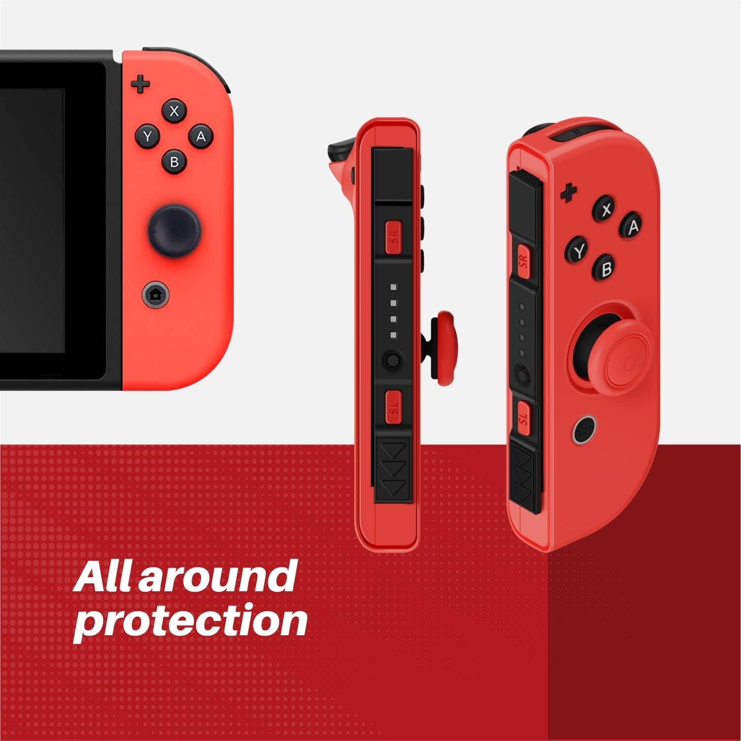 Premium Silicone Joycon Case for Nintendo Switch & OLED - Protective Controller Cover with Thumb Grip Caps (Neon Blue+Red) - Perfect for Gaming, Travel & Long Play Sessions