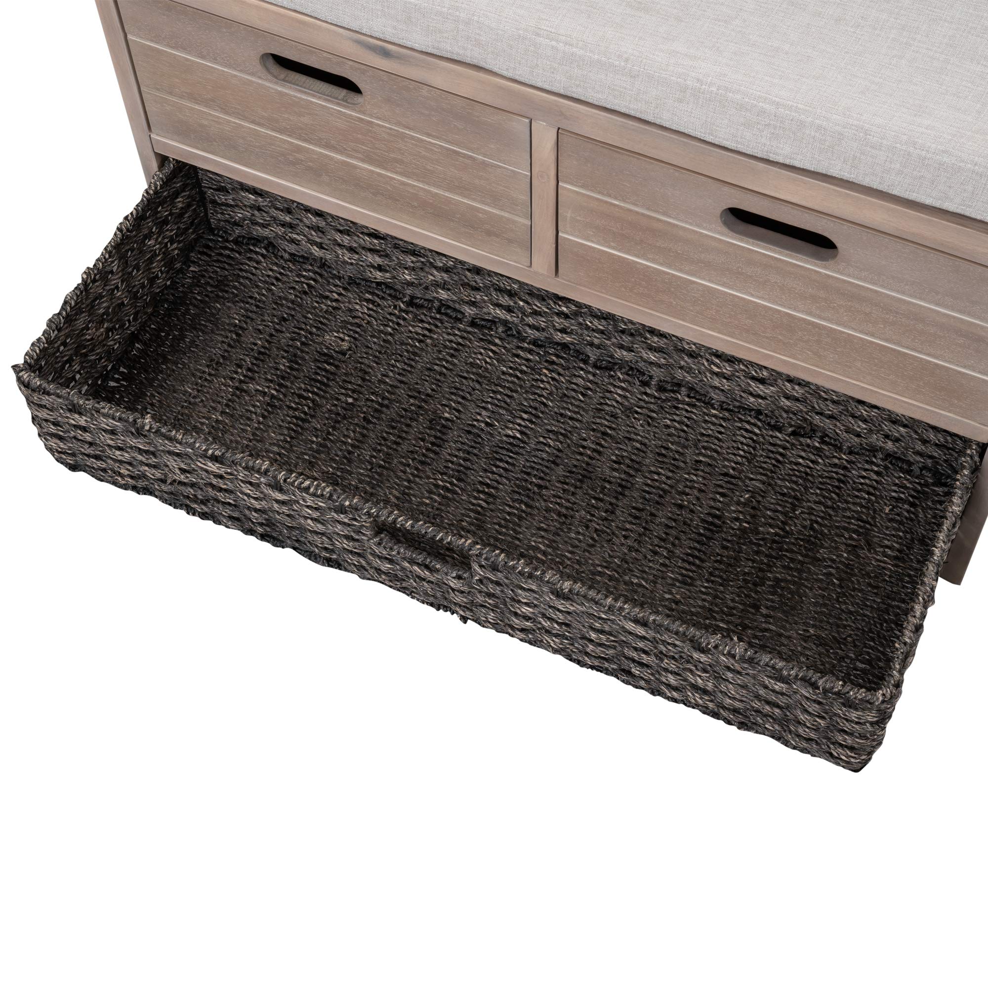White Washed Storage Bench with Removable Basket & 2 Drawers - Fully Assembled Entryway Shoe Bench with Cushion for Hallway, Living Room & Bedroom - Perfect for Organizing Shoes, Coats & Home Decor