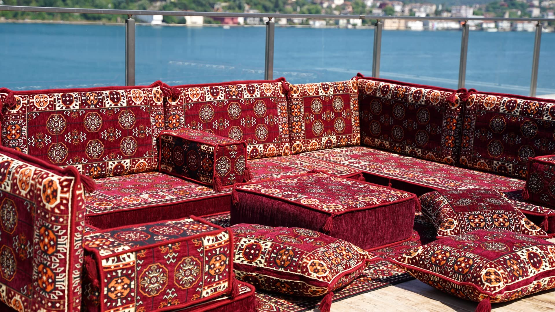U-Shaped Arabic Sofa Set - Maroon Floor Cushions for Majlis & Home Decor