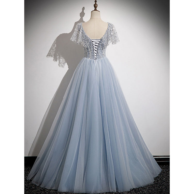 Elegant Deep V Neck A-Line Prom Dress in Gray Blue with Sequins - Perfect for Evening Parties, Homecoming, and Formal Events