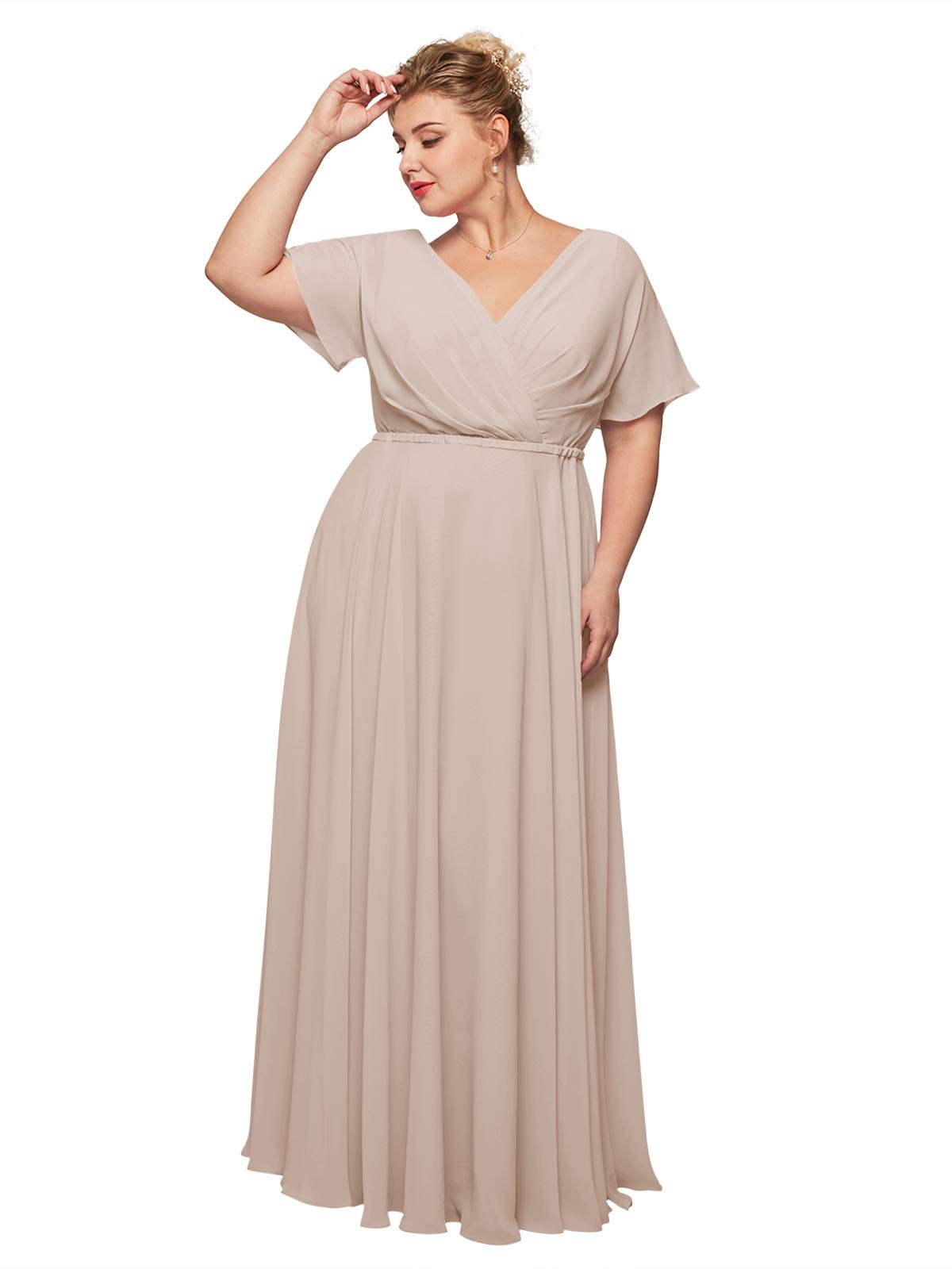 ALICEPUB Women's V-Neck Chiffon Bridesmaid Dress - Long Maxi Formal Evening Gown with Short Sleeves for Weddings, Parties & Special Occasions