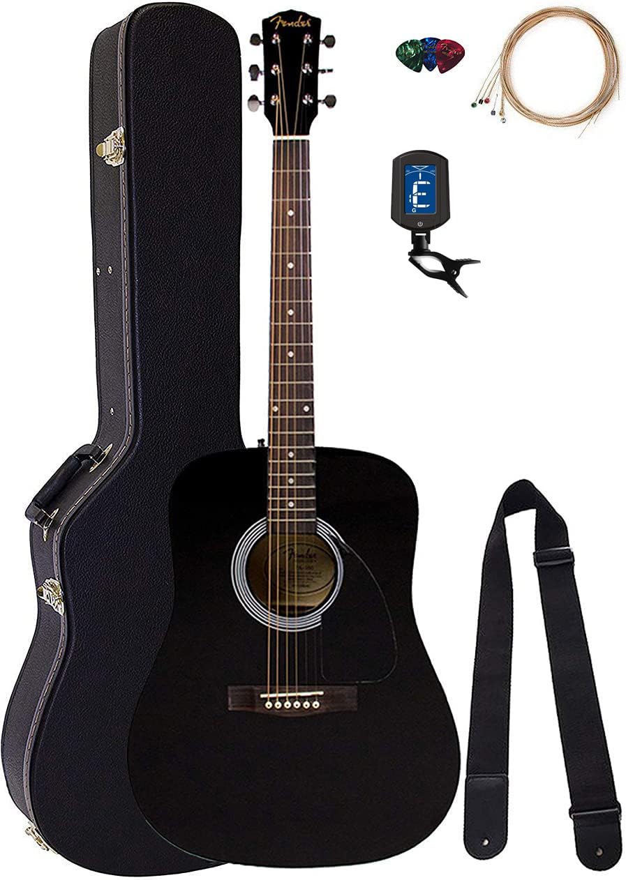 Fender FA-115 Dreadnought Acoustic Guitar Bundle - Black with Hard Case, Tuner, Strings, Strap & Picks | Perfect for Beginners, Campfires & Live Performances