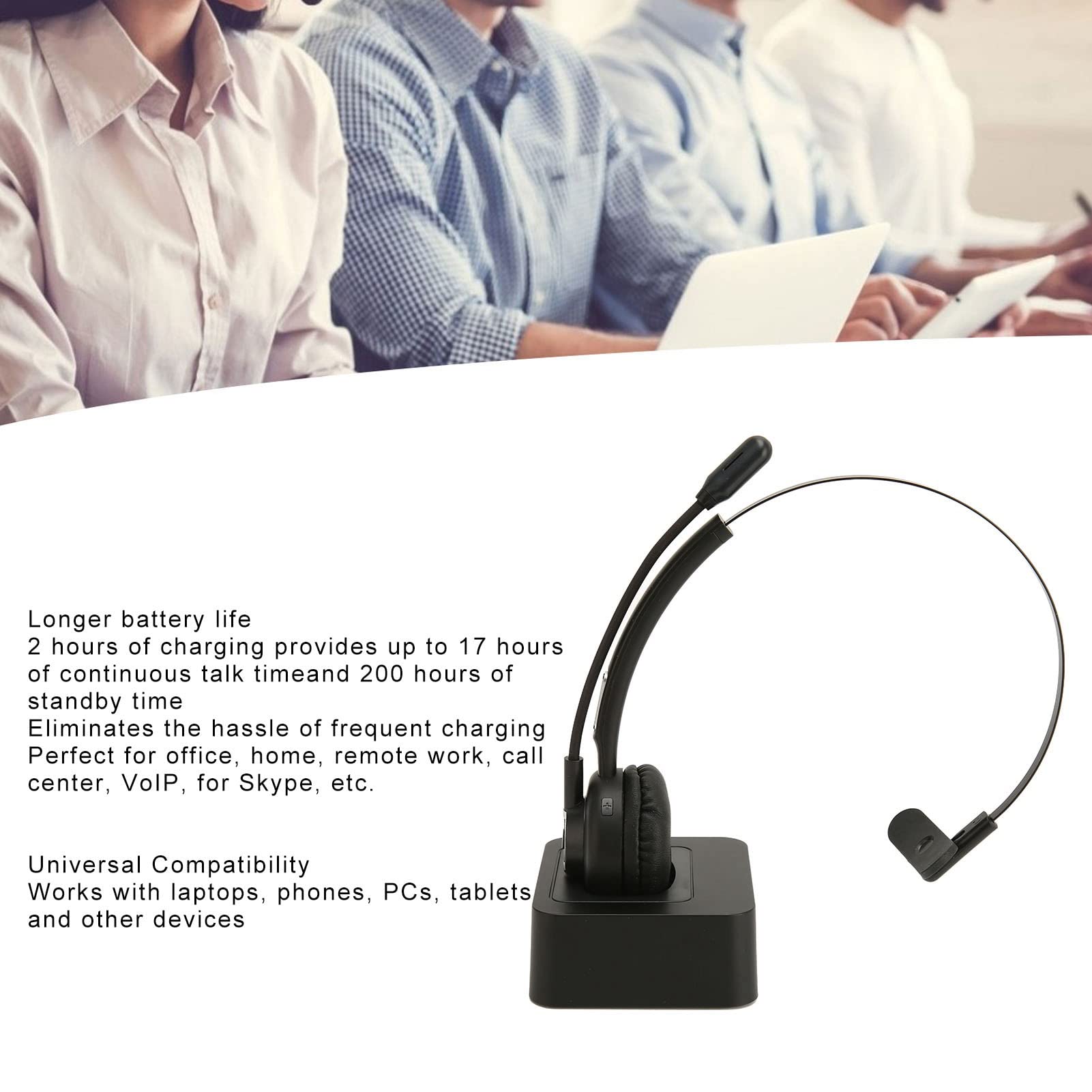 Single Ear 5.0 Bluetooth Headset with Microphone & Charging Base - Noise Canceling On-Ear Headphones for Cell Phone, PC, Call Center & Office - Perfect for Remote Work, Customer Service & Long Business Calls