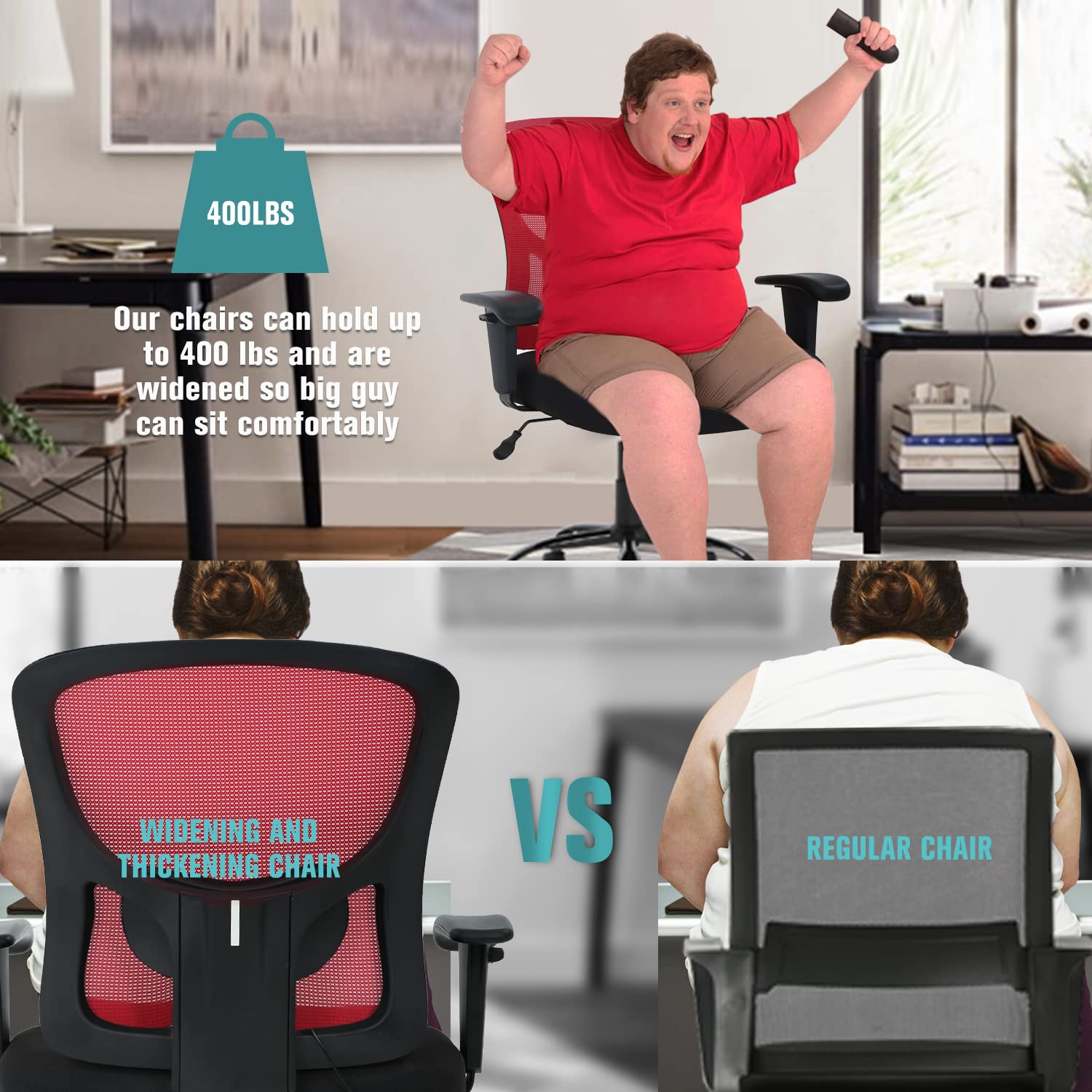 Big and Tall Office Chair for Heavy People 400lbs - Extra Wide Computer Desk Chair with Adjustable Arms & Ergonomic Lumbar Support - Heavy Duty Rolling Chair for Home Office (Red) - Perfect for Long Work Hours & Comfortable Workspace Setup