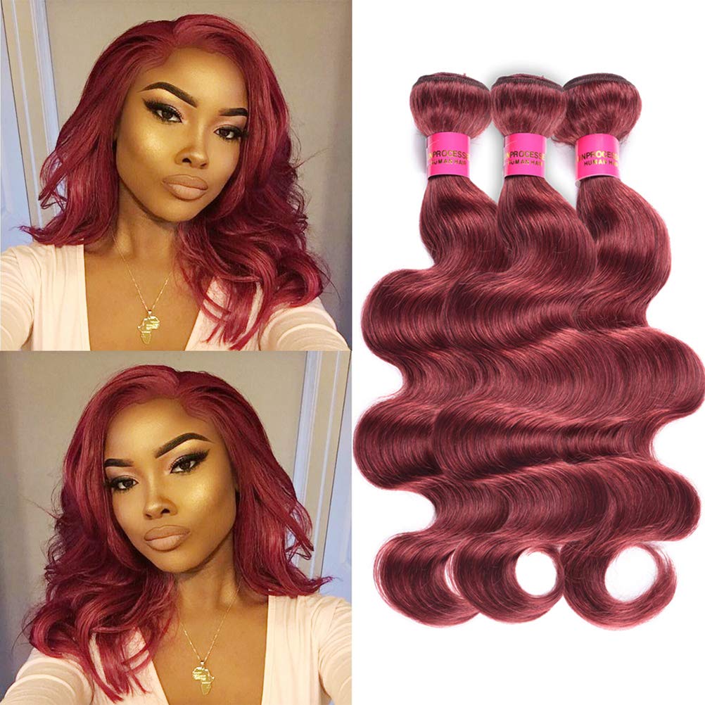 WOME Peruvian Virgin Human Hair Extensions 3 Bundles - 8A Grade Body Wave Wefted Hair #33 Wine Red (10