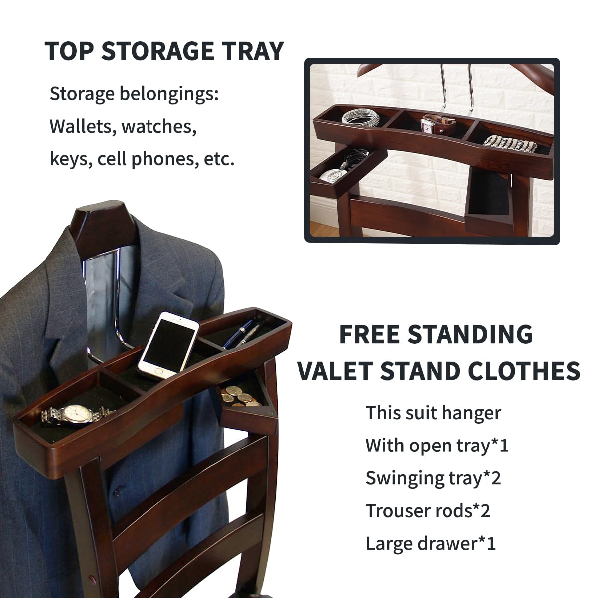ZCXBHD Gentleman's Valet Chair - Wooden Suit Stand for Men & Women with Drawer & Trouser Bar - Entryway, Office & Living Room Clothes Valet Organizer - Perfect for Suit Storage & Wardrobe Organization