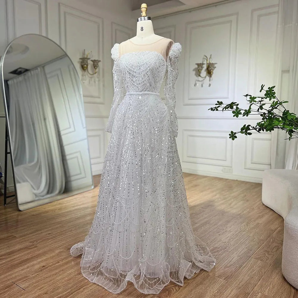 Elegant Dubai White A-Line Luxury Evening Dress with Pearl Beading - Long Sleeve Women's Gown for Weddings, Parties & Special Occasions | Perfect for Bridal Showers, Galas & Formal Events