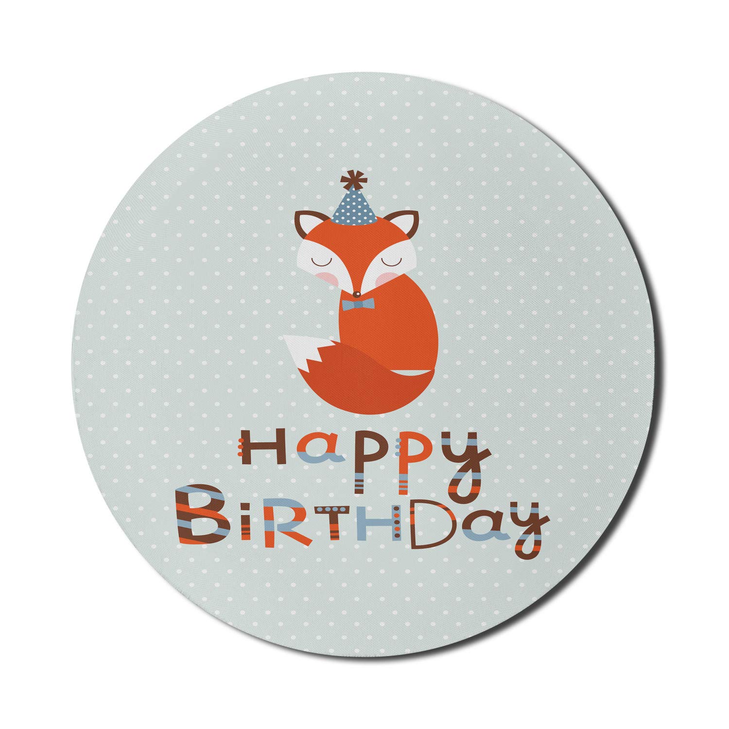 Ambesonne Round Non-Slip Gaming Mouse Pad - 8 Inch Thick Rubber Computer Mousepad with Fox Sleeping Design & Birthday Greeting, Almond Green & Orange - Perfect for Office, Gaming & Home Workspace