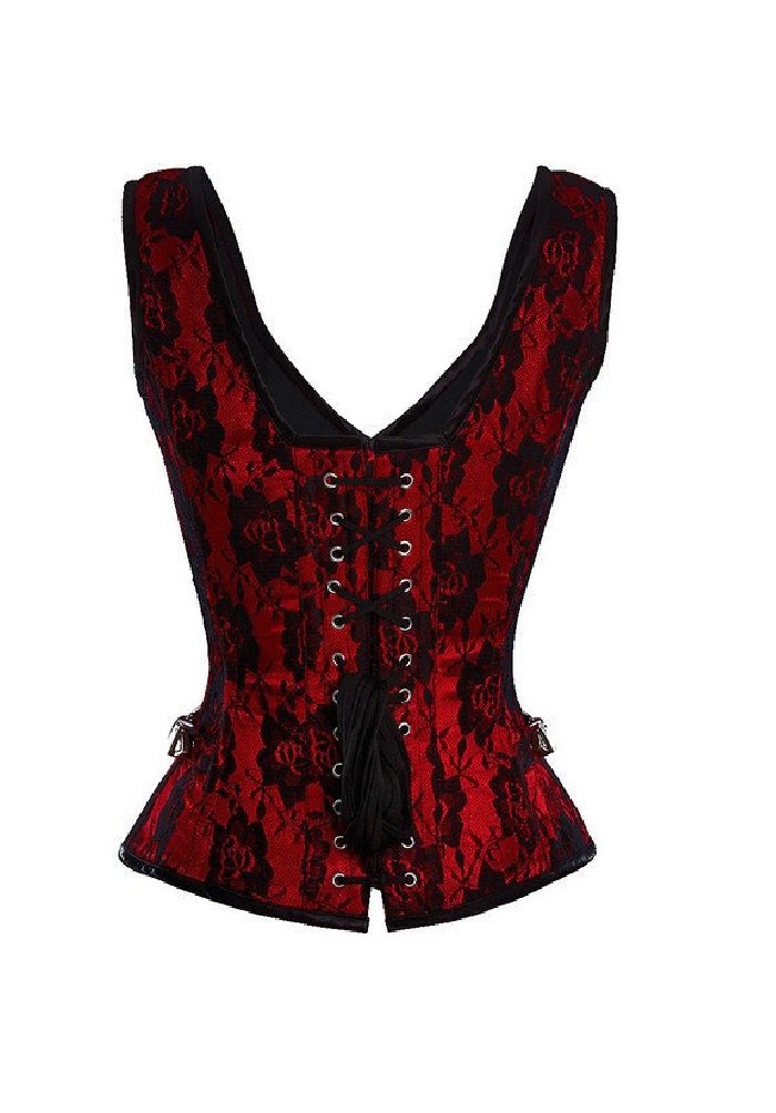 Red Satin Christmas Corset with Net Overlay & Shoulder Straps - Sexy Burlesque Overbust Bustier for Holiday Parties & Lingerie Fashion