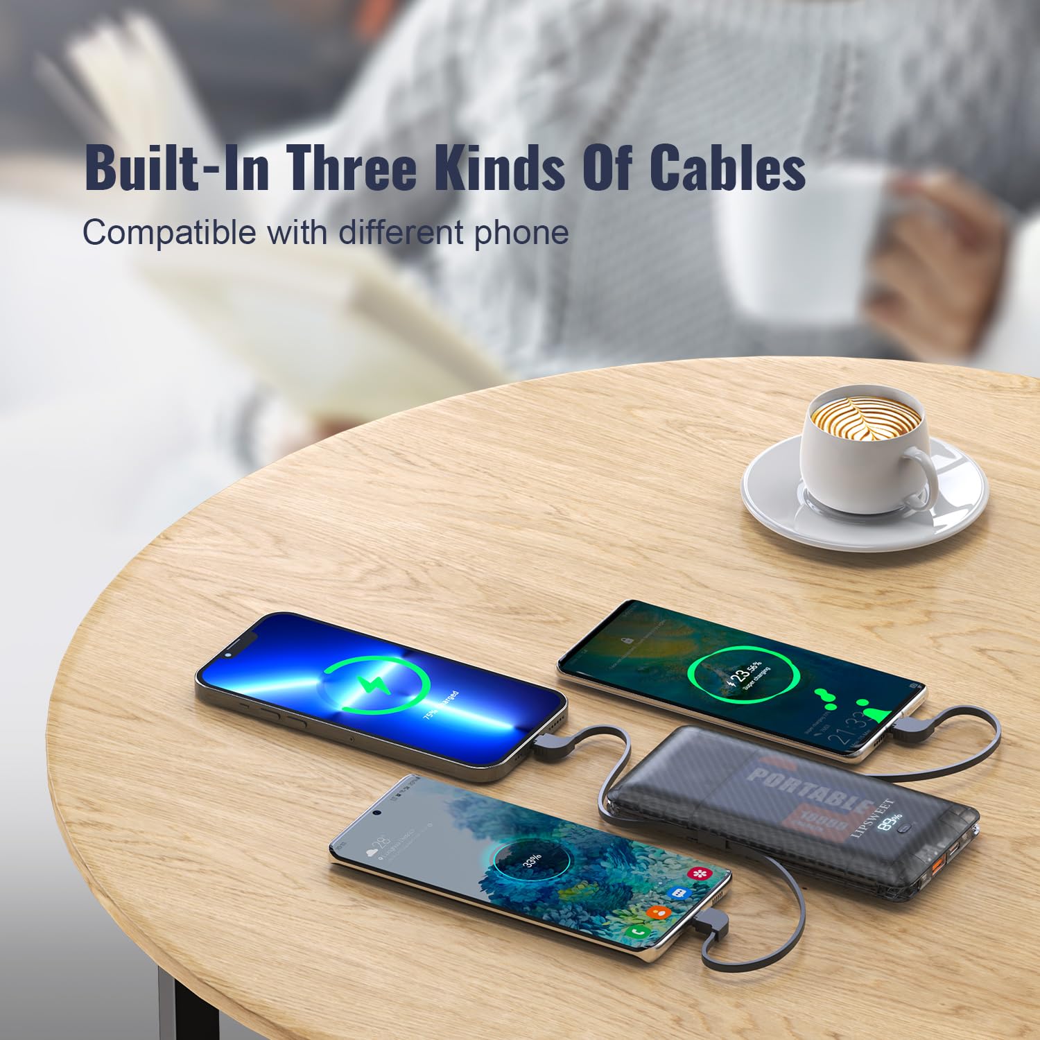 10000mAh Slim Portable Power Bank with 20W USB-C Fast Charging | Built-in AC Plug & 3-in-1 Cables | Compatible with iPhone, Samsung, iPad, Tablets (Black) - Perfect for Travel, Camping, and Emergency Power Backup