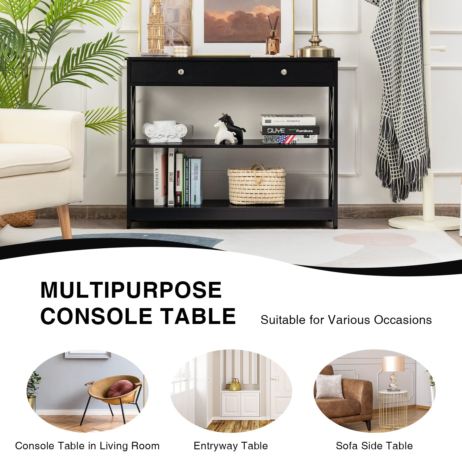 LUARANE Console Table with Storage - Sofa Table with 2 Open Shelves & Drawer - Narrow Accent Table with X-Shaped Wooden Frame - Multifunctional Entryway Table for Living Room, Hallway, Bedroom or Office (Black)