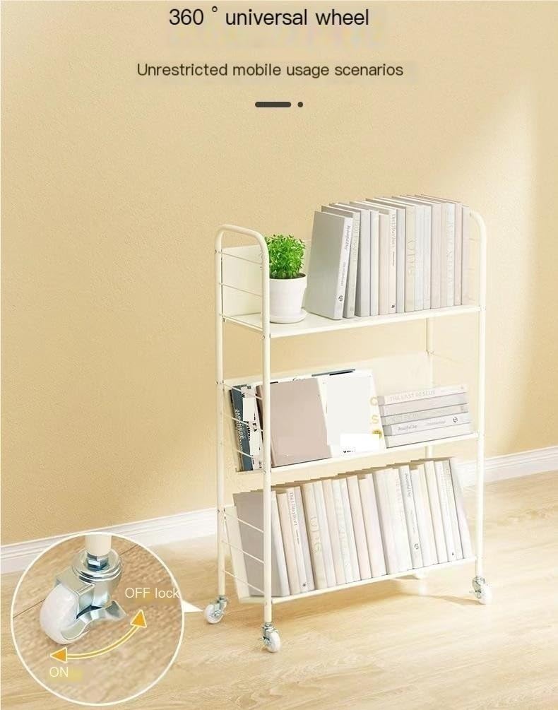 Versatile Rolling Book Cart with Wheels - 2-Tier Removable Iron Art Display Shelf for Books & Home Decor | Portable Mobile Bookshelf for Living Room, Office, Classroom & Library Organization (Beige)