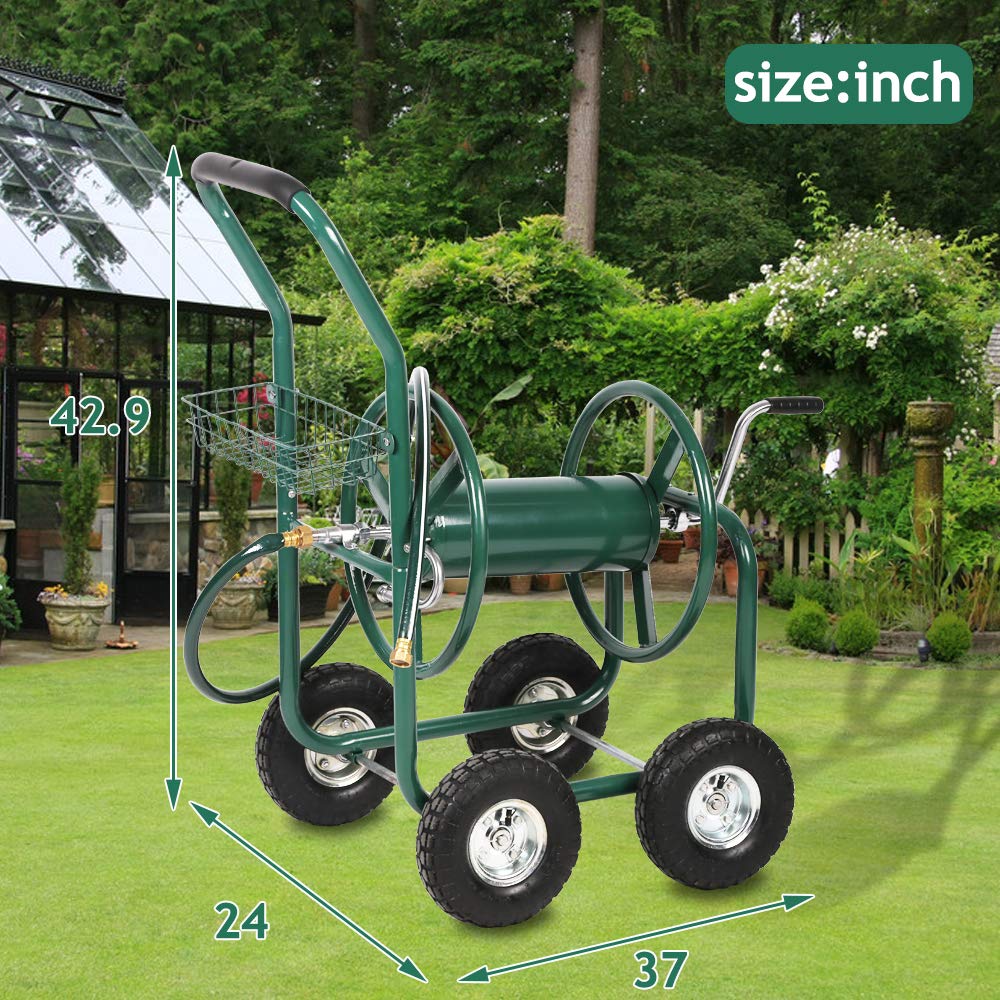 Heavy Duty Steel Garden Hose Reel Cart with Wheels & Storage Basket - Outdoor Watering Truck for Lawn, Patio, Garden - Durable Yard Hose Reel for Easy Watering & Planting | Perfect for Backyard, Greenhouse & Landscaping