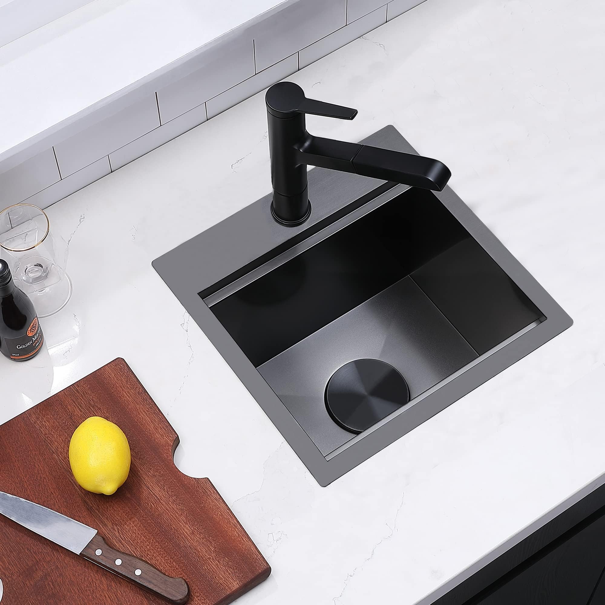 15 Inch Black Top Mount Bar Sink - 16 Gauge Stainless Steel Small Kitchen Sink (15x15) for Wet Bar, RV & Outdoor Use with Accessories - Perfect for Home Bars, Campers & Outdoor Kitchens