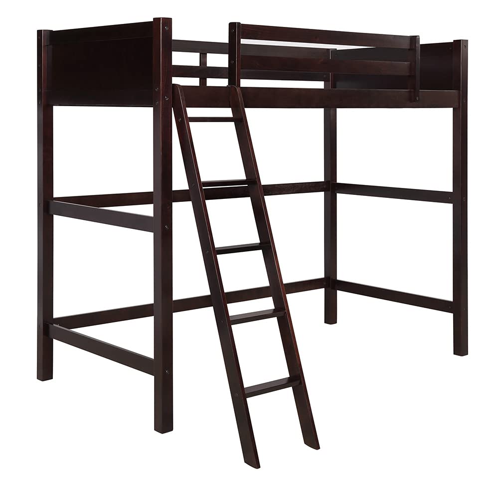 Solid Wood Twin Size Loft Bed with Ladder & Full-Length Guardrail - Sturdy Wooden Bunk Bed Frame for Kids & Adults (Espresso) - Perfect for Small Bedrooms, Dorms & Space-Saving Kids' Rooms