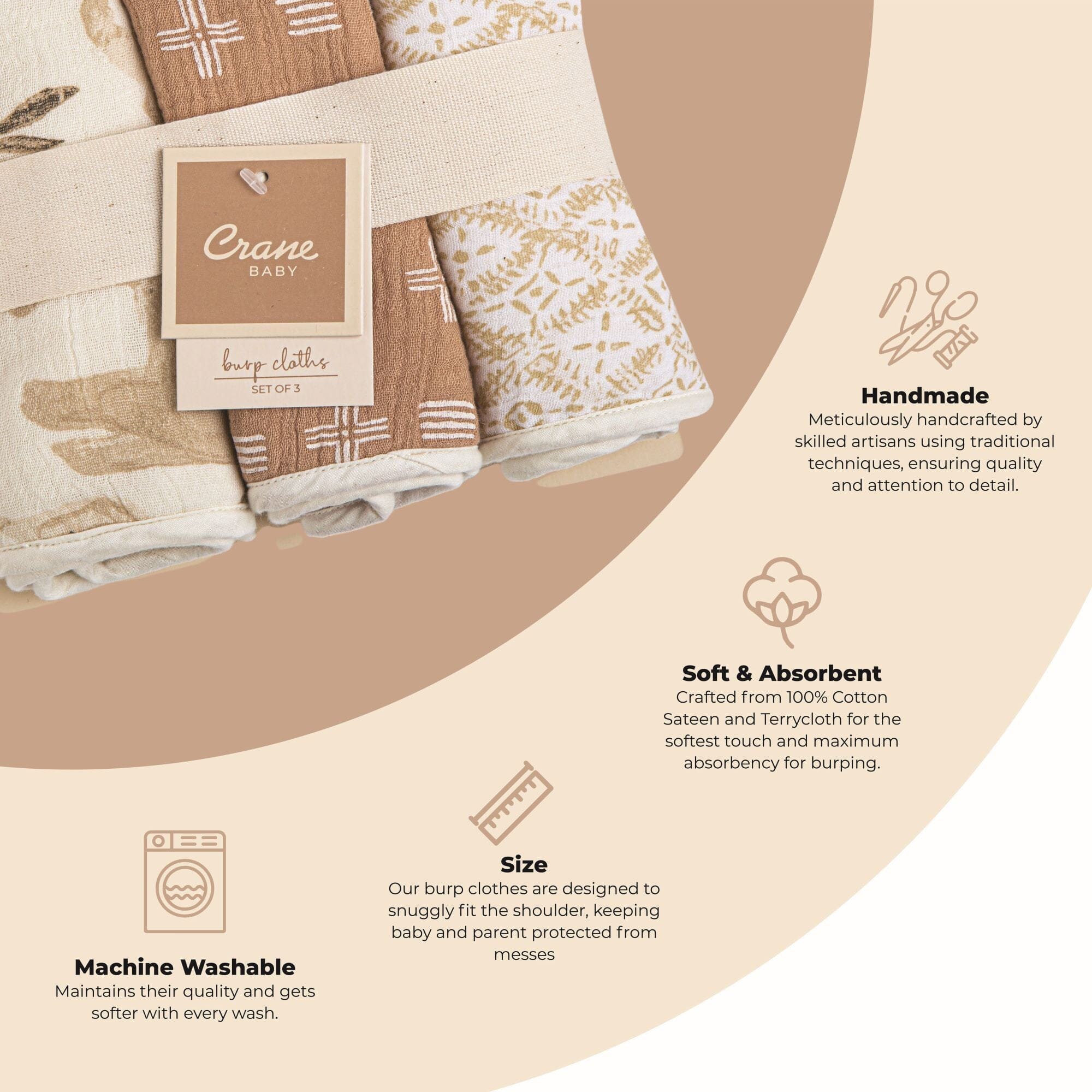 Premium 3-Piece Crane Baby Burp Cloth Set - Soft Absorbent Drool Bibs for Newborns & Infants - Perfect for Feeding, Spit-Up Protection & Gentle Skin Care