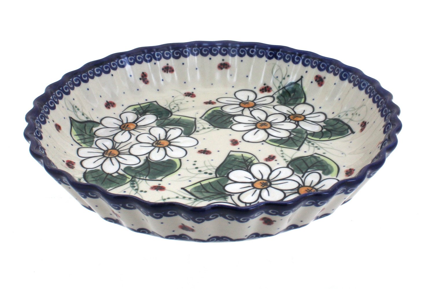 Handmade Blue Rose Polish Pottery Ladybug Pie Plate - Ceramic Baking Dish for Desserts, Pies & Cakes - Perfect for Holidays, Parties & Rustic Kitchen Decor