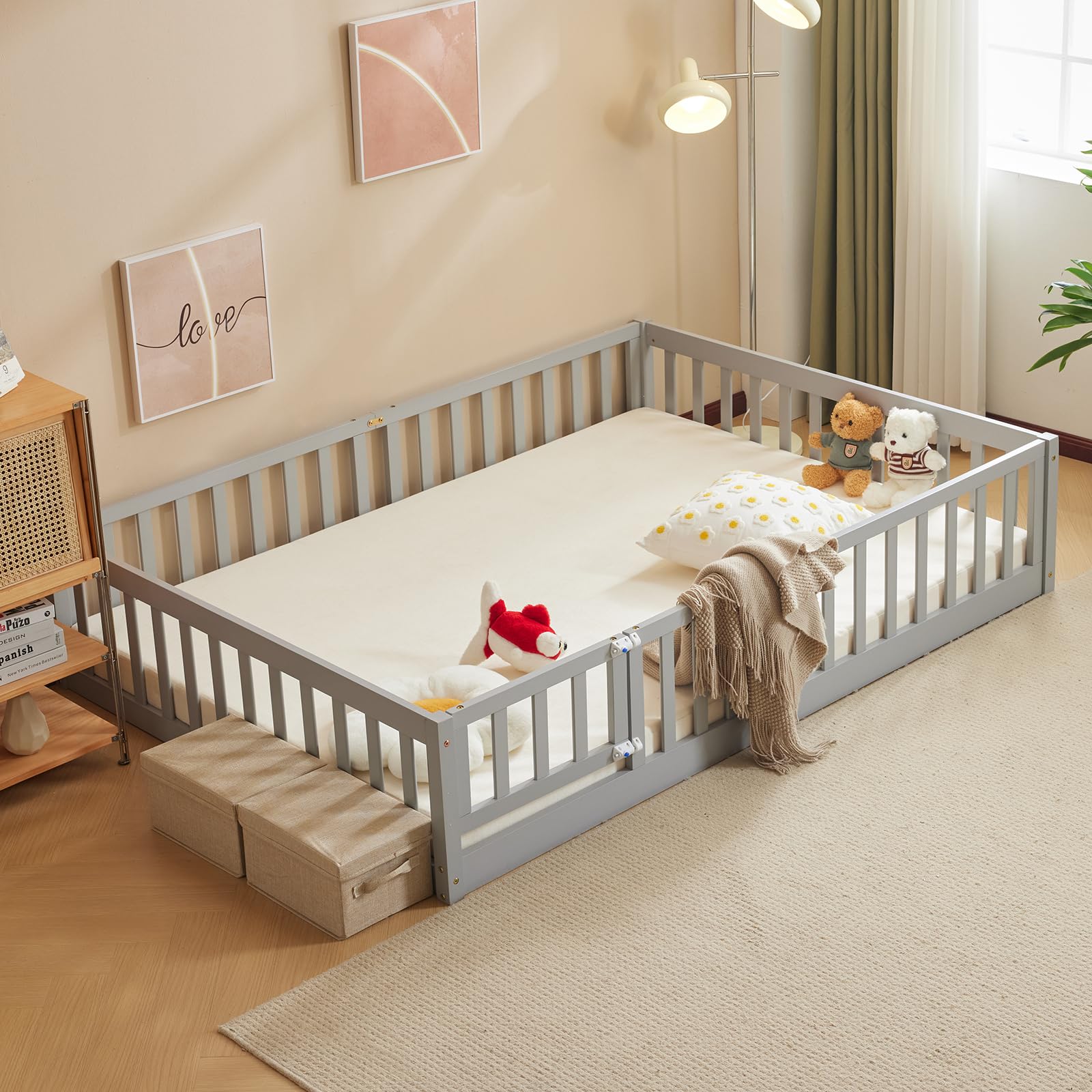 Montessori Toddler Floor Bed with Safety Guardrails & Door - Solid Wood Queen Bed Frame for Kids, Girls & Boys (Grey) | Safe Sleep Solution for Daycare, Nursery & Montessori Classroom