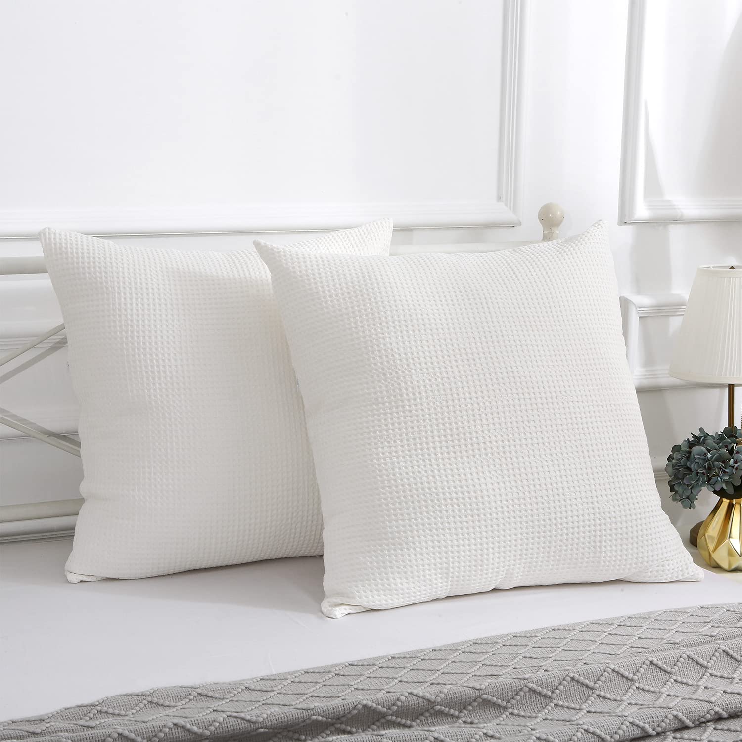 2 Pack White Waffle Weave Euro Pillow Shams 26x26 Inches - 100% Cotton Square Farmhouse Pillow Covers with Zipper Closure for Bedroom, Living Room, Sofa & Couch Decor (White, 26x26)